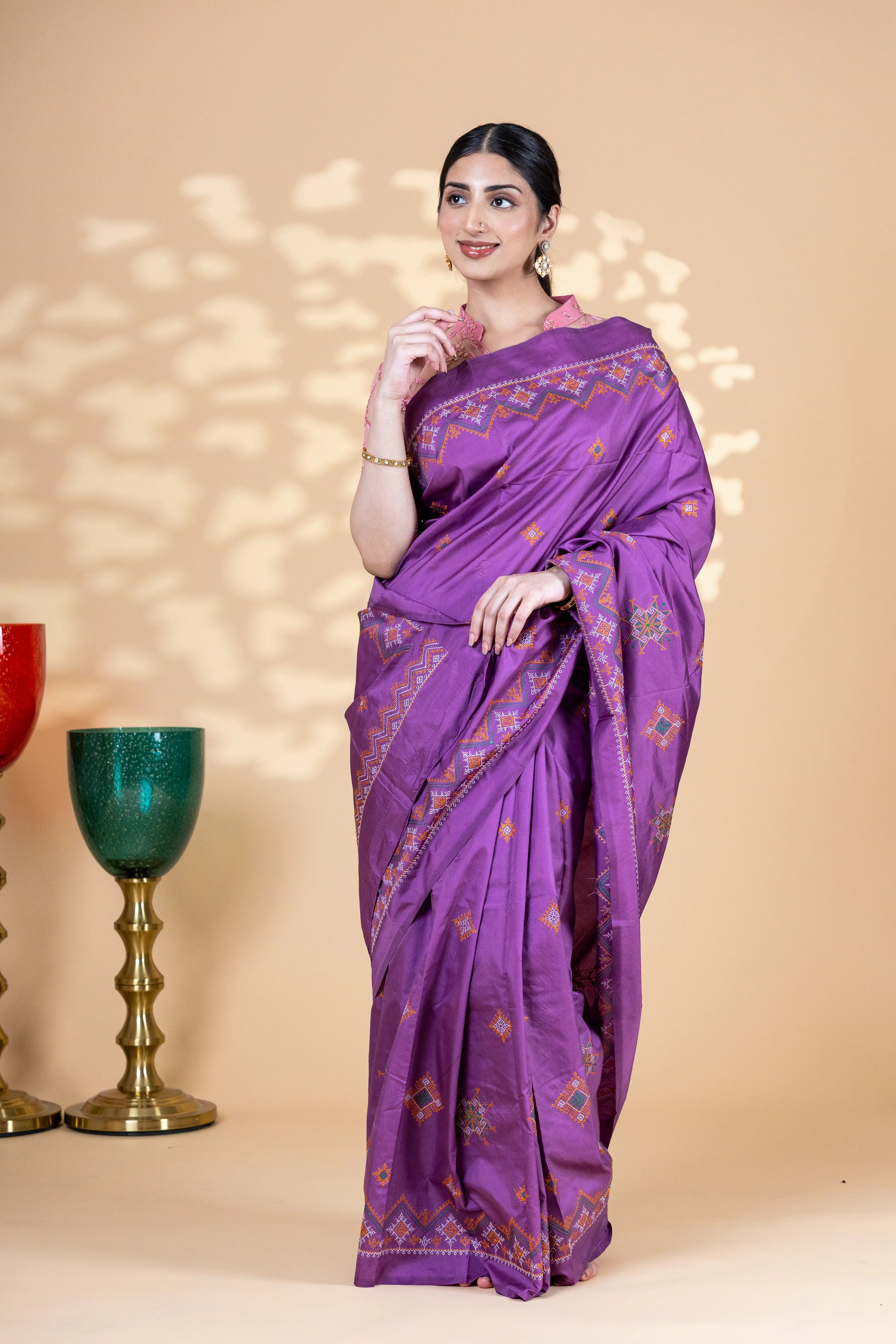 Purple Art Silk Saree With Beautiful Kasuti Embroidery