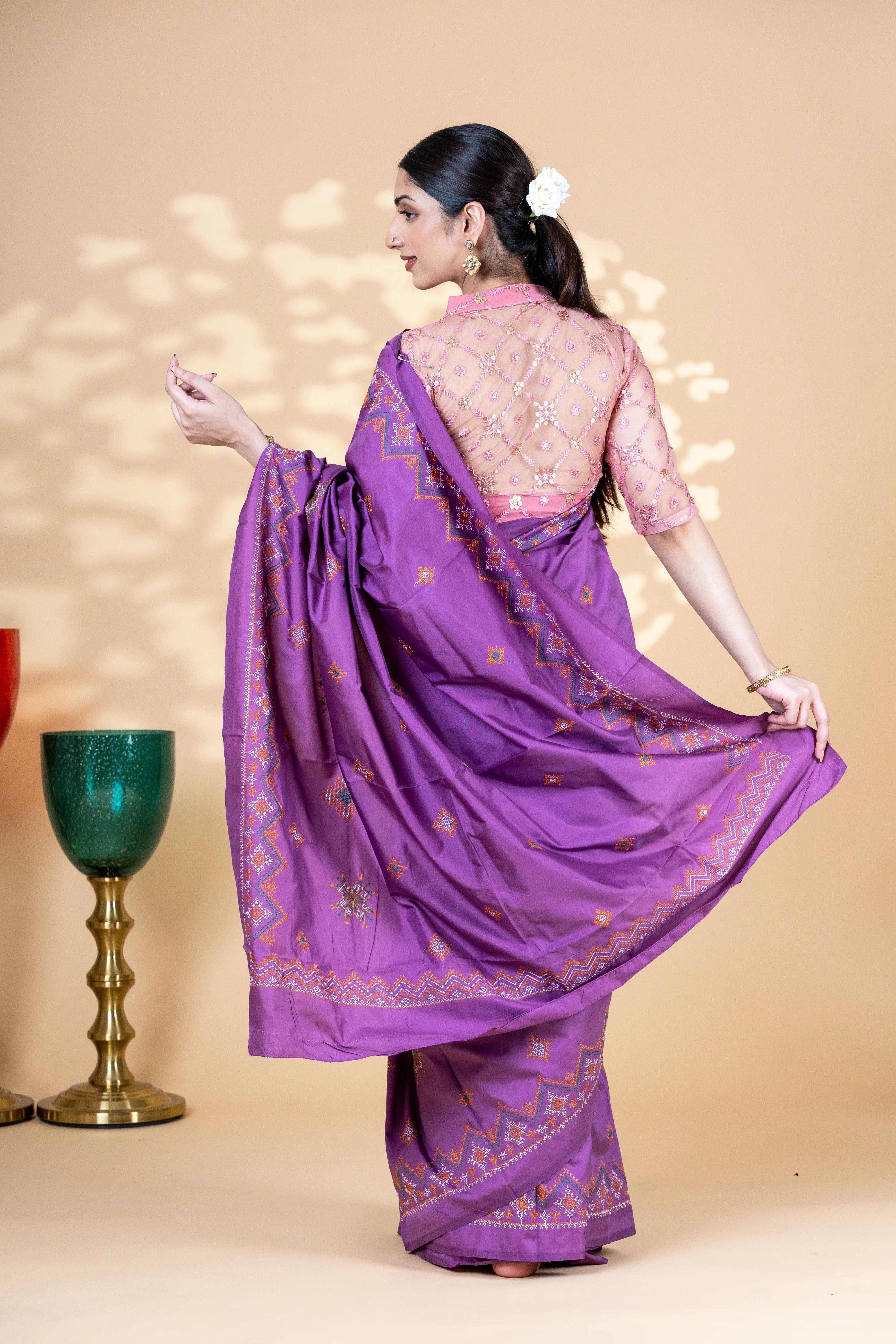 Purple Art Silk Saree With Beautiful Kasuti Embroidery