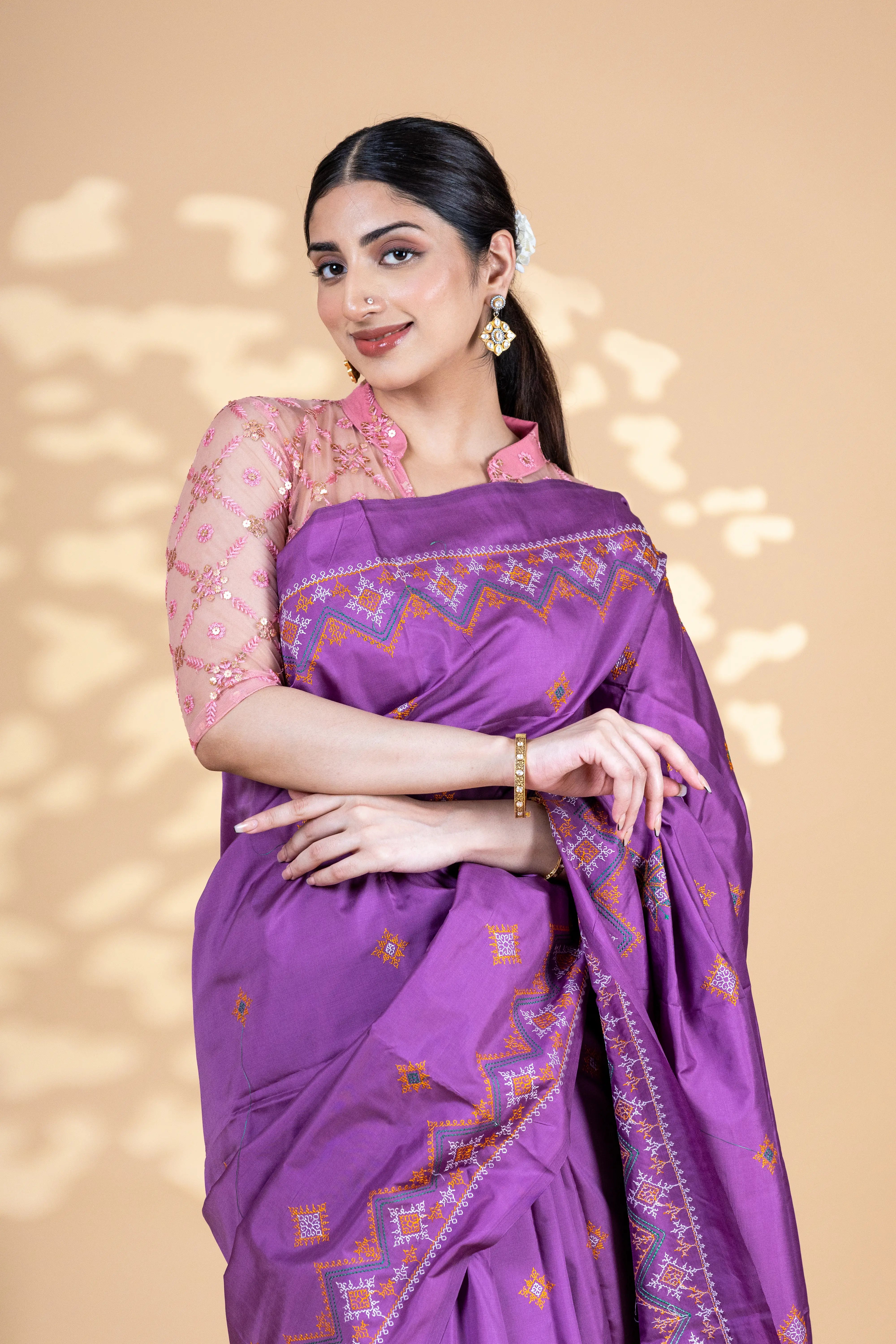Purple Art Silk Saree With Beautiful Kasuti Embroidery