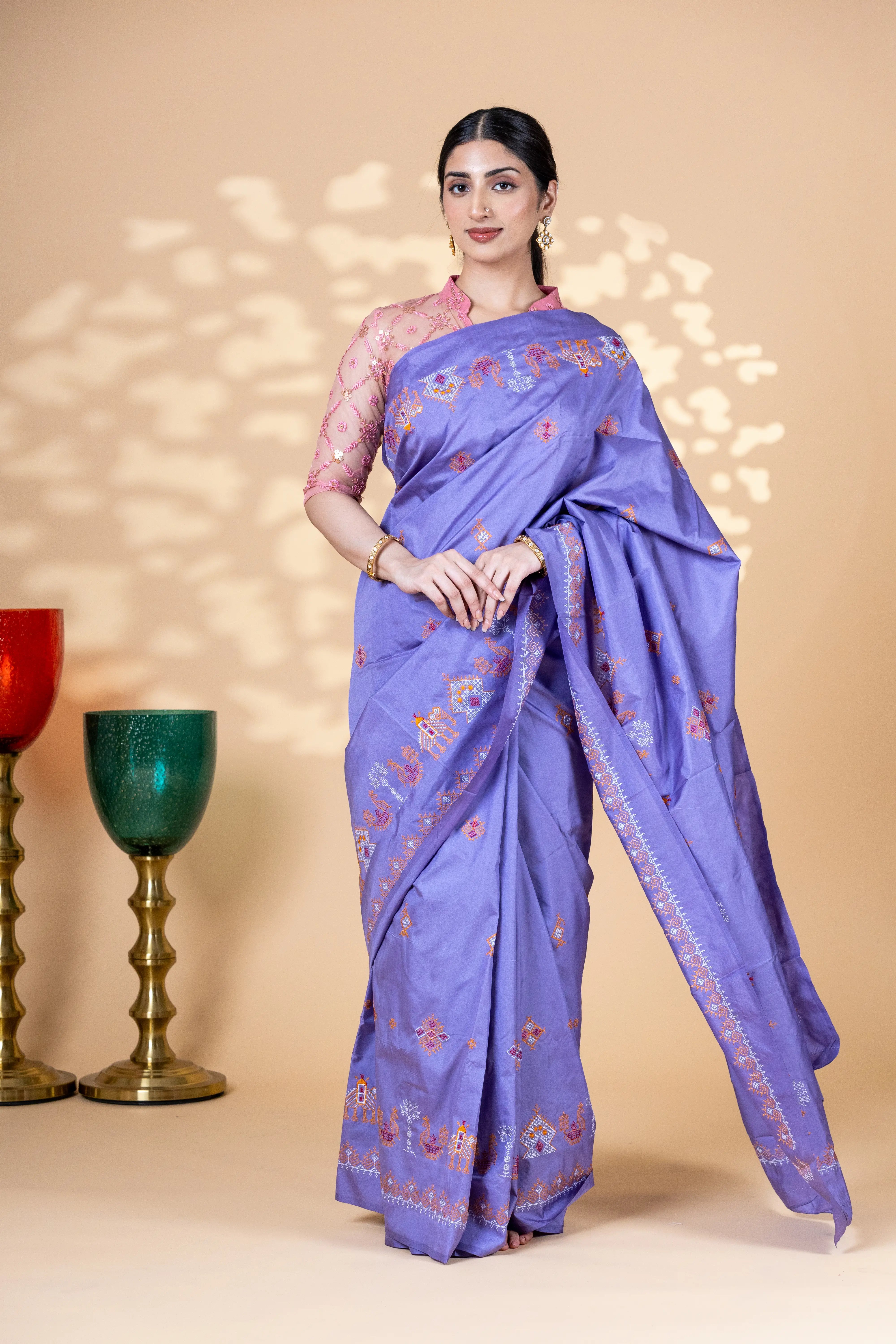 Light Purple Art Silk Saree With Beautiful Kasuti Embroidery