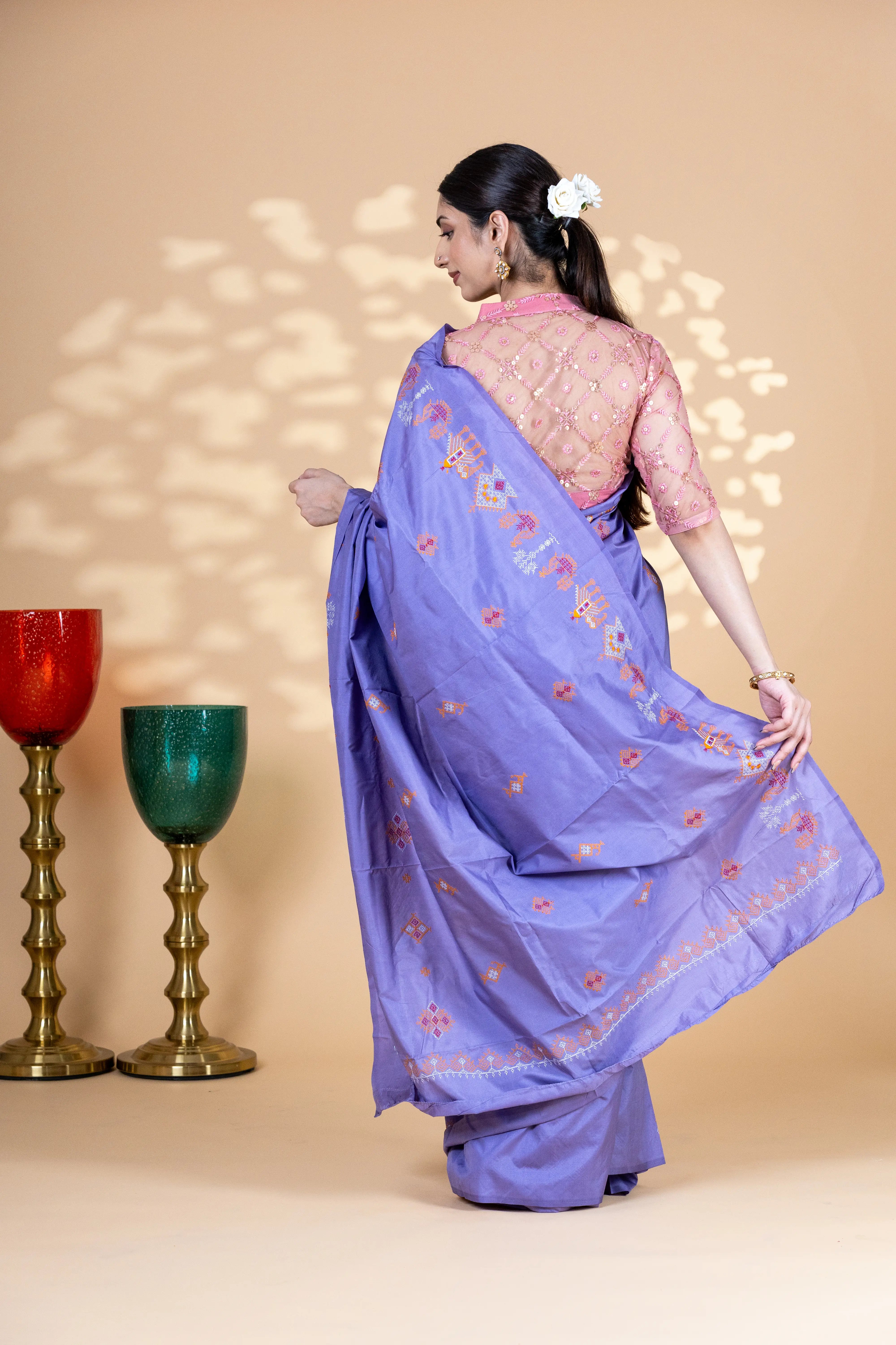 Light Purple Art Silk Saree With Beautiful Kasuti Embroidery