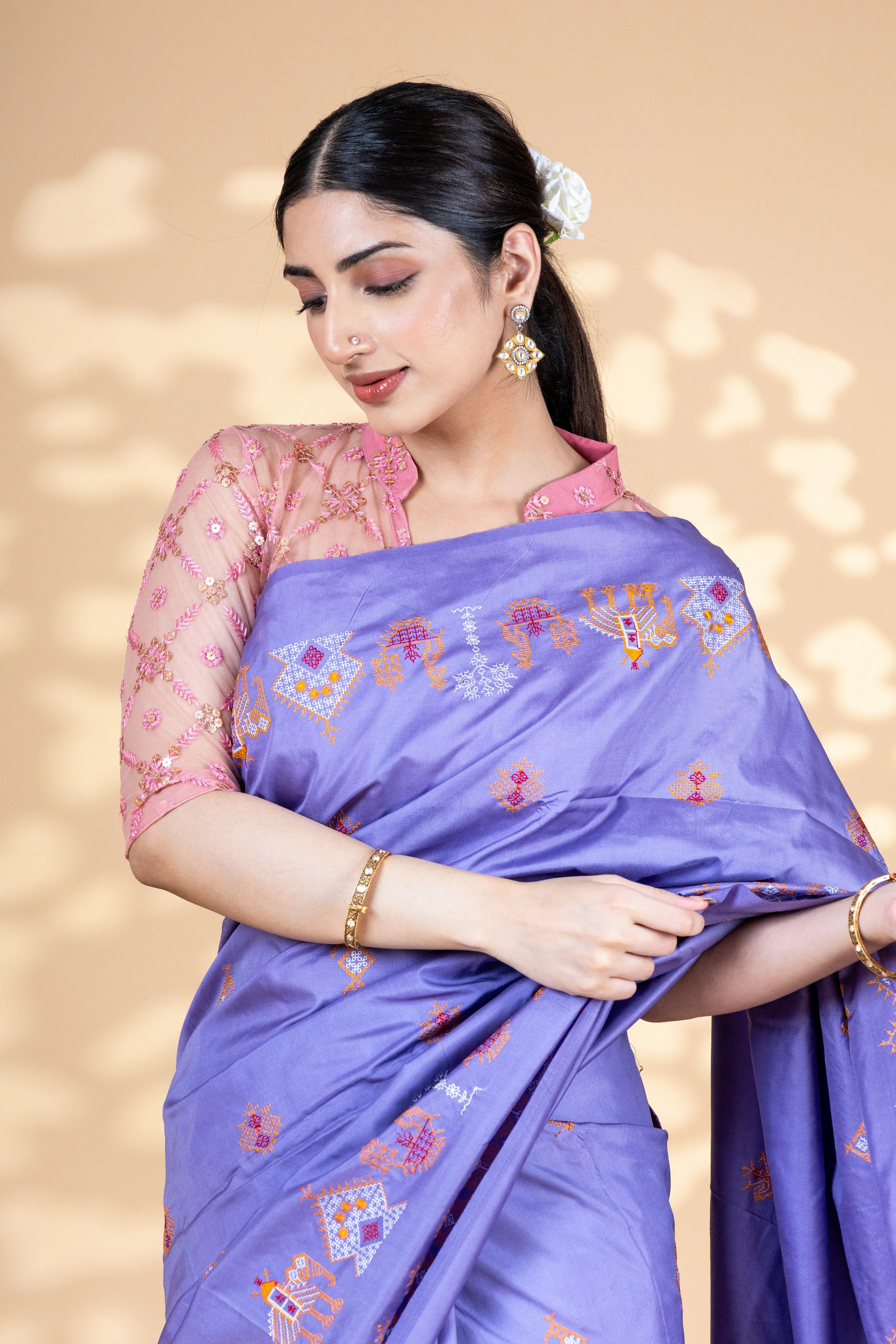 Light Purple Art Silk Saree With Beautiful Kasuti Embroidery