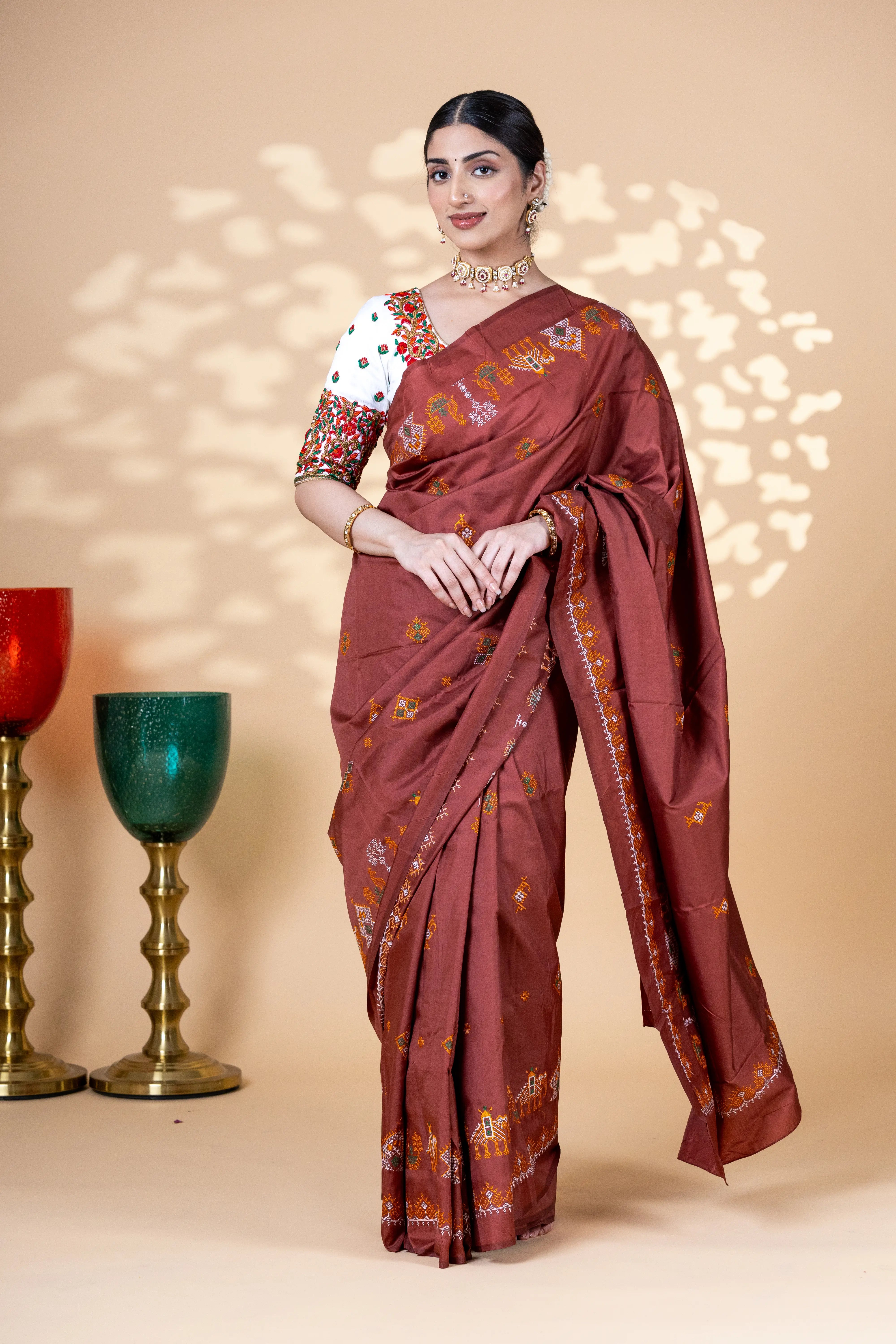 Brown Art Silk Saree With Beautiful Kasuti Embroidery