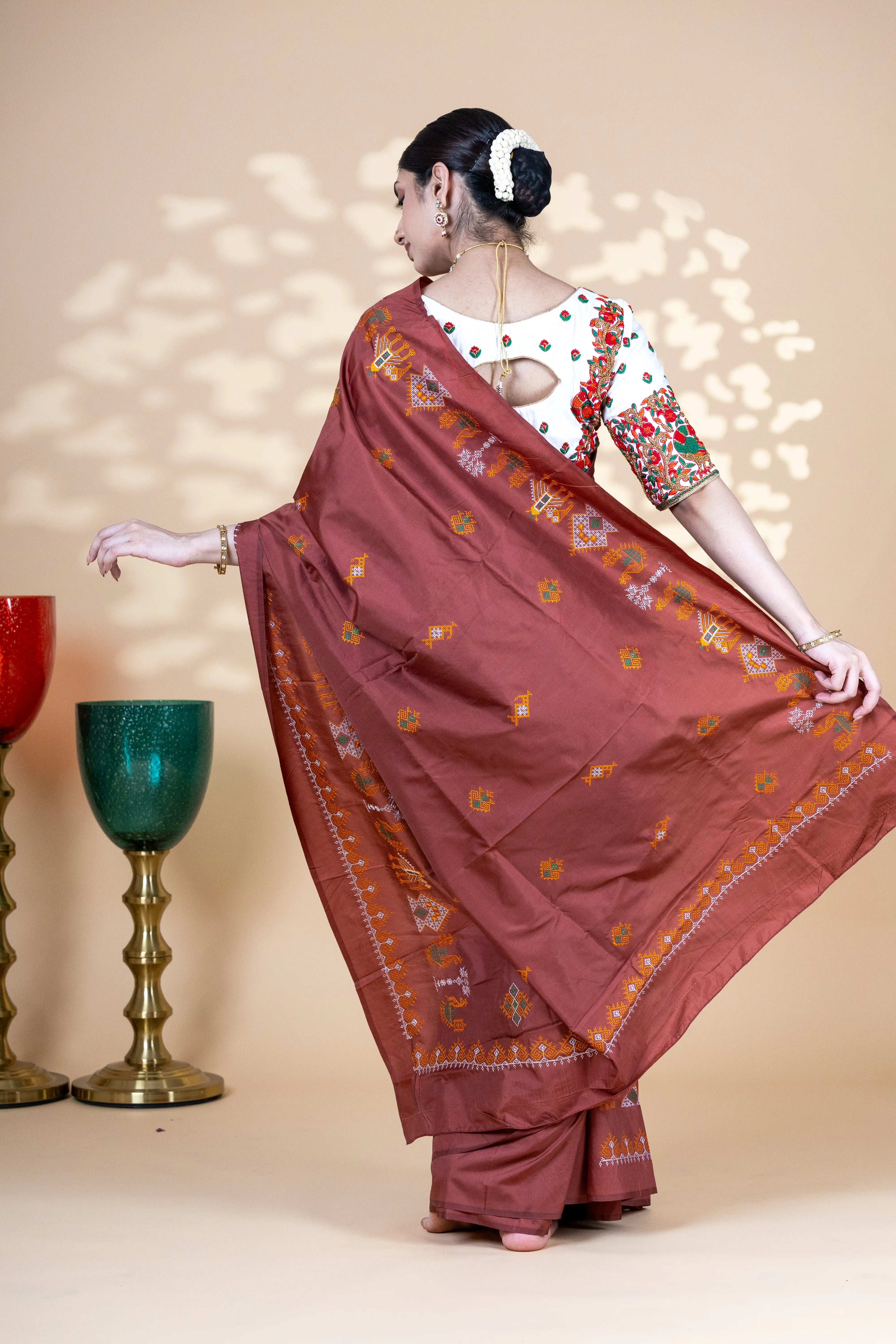 Brown Art Silk Saree With Beautiful Kasuti Embroidery