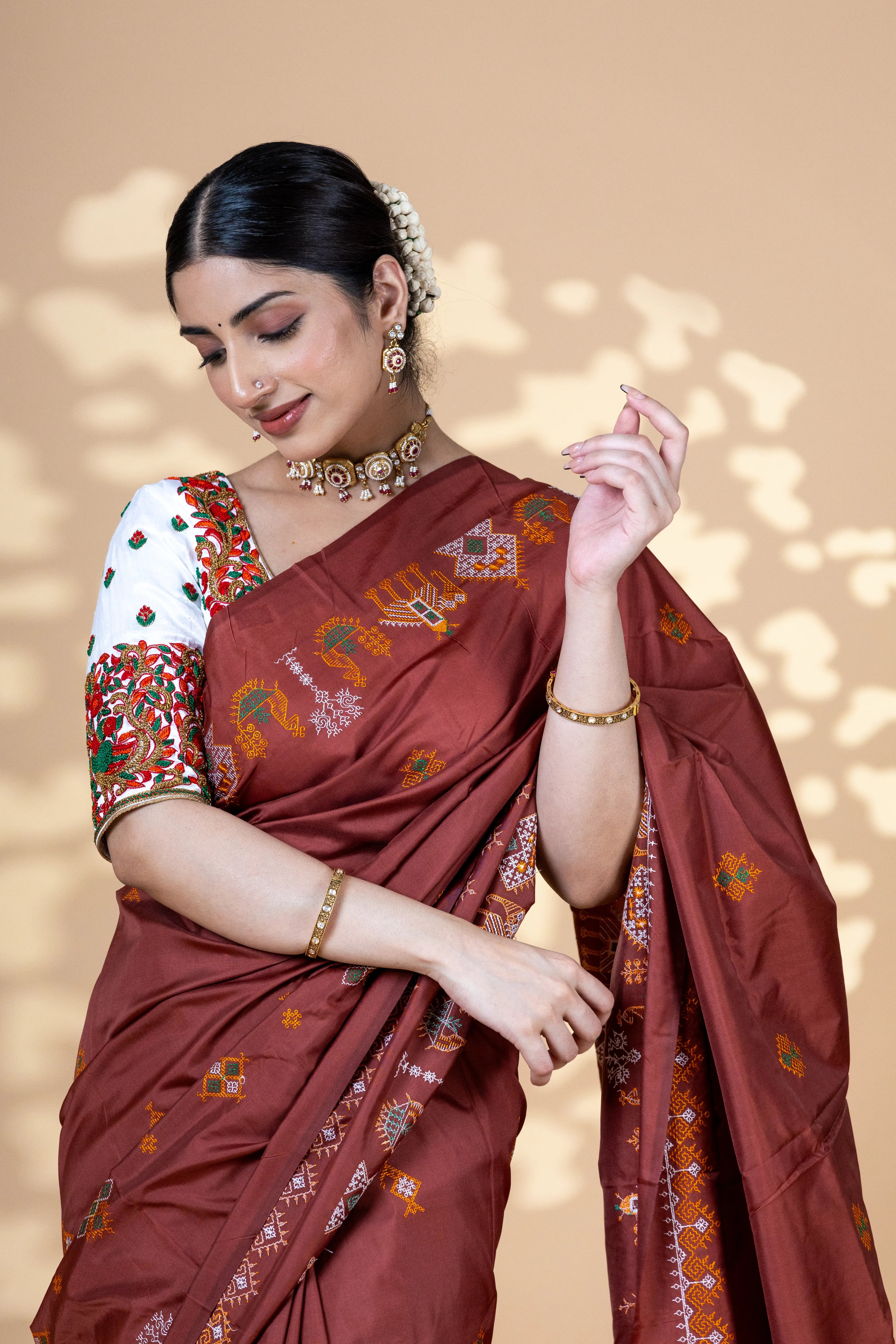 Brown Art Silk Saree With Beautiful Kasuti Embroidery