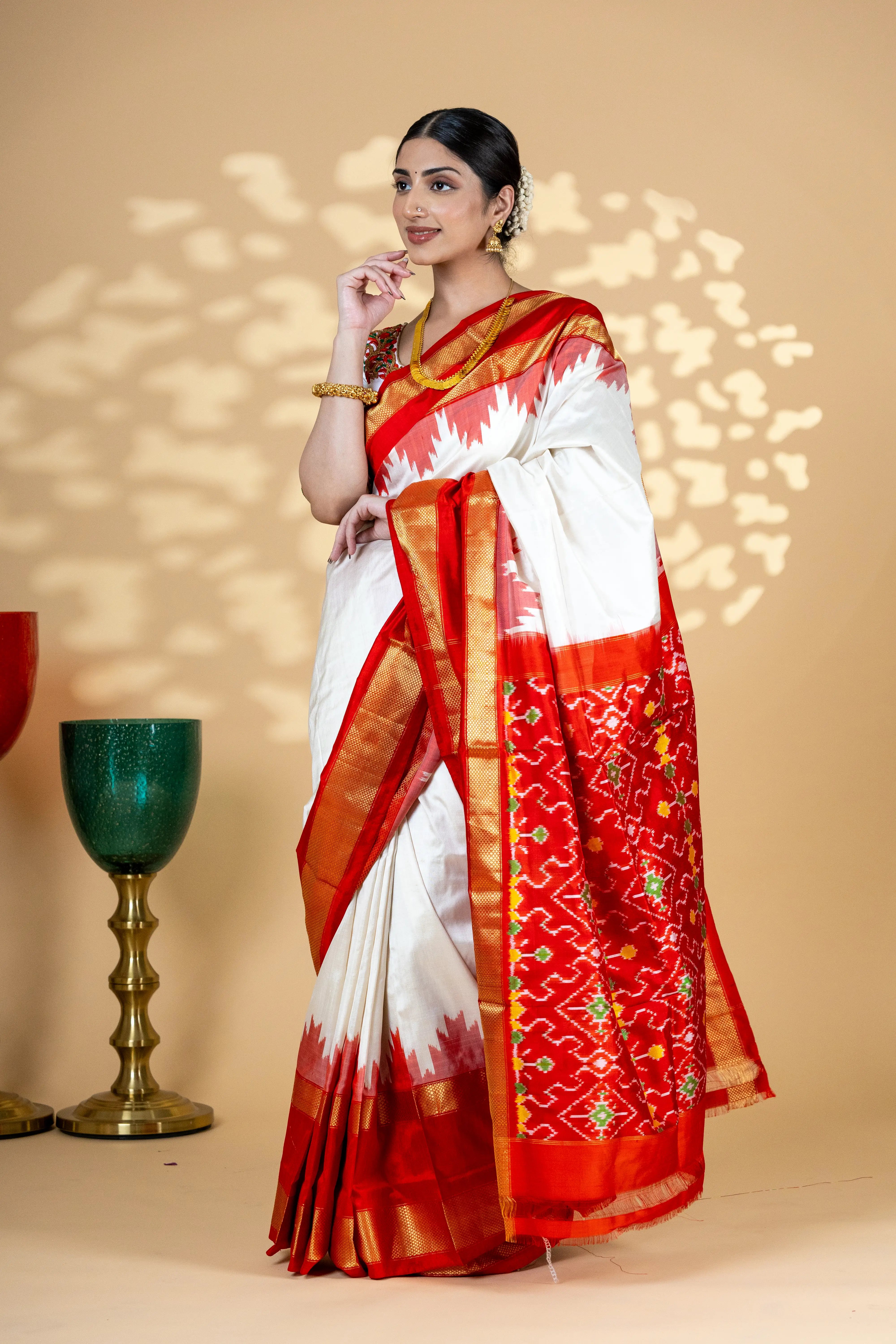 White Pochampally Saree With Contrast Red Zari Border With Ikkat Detailing