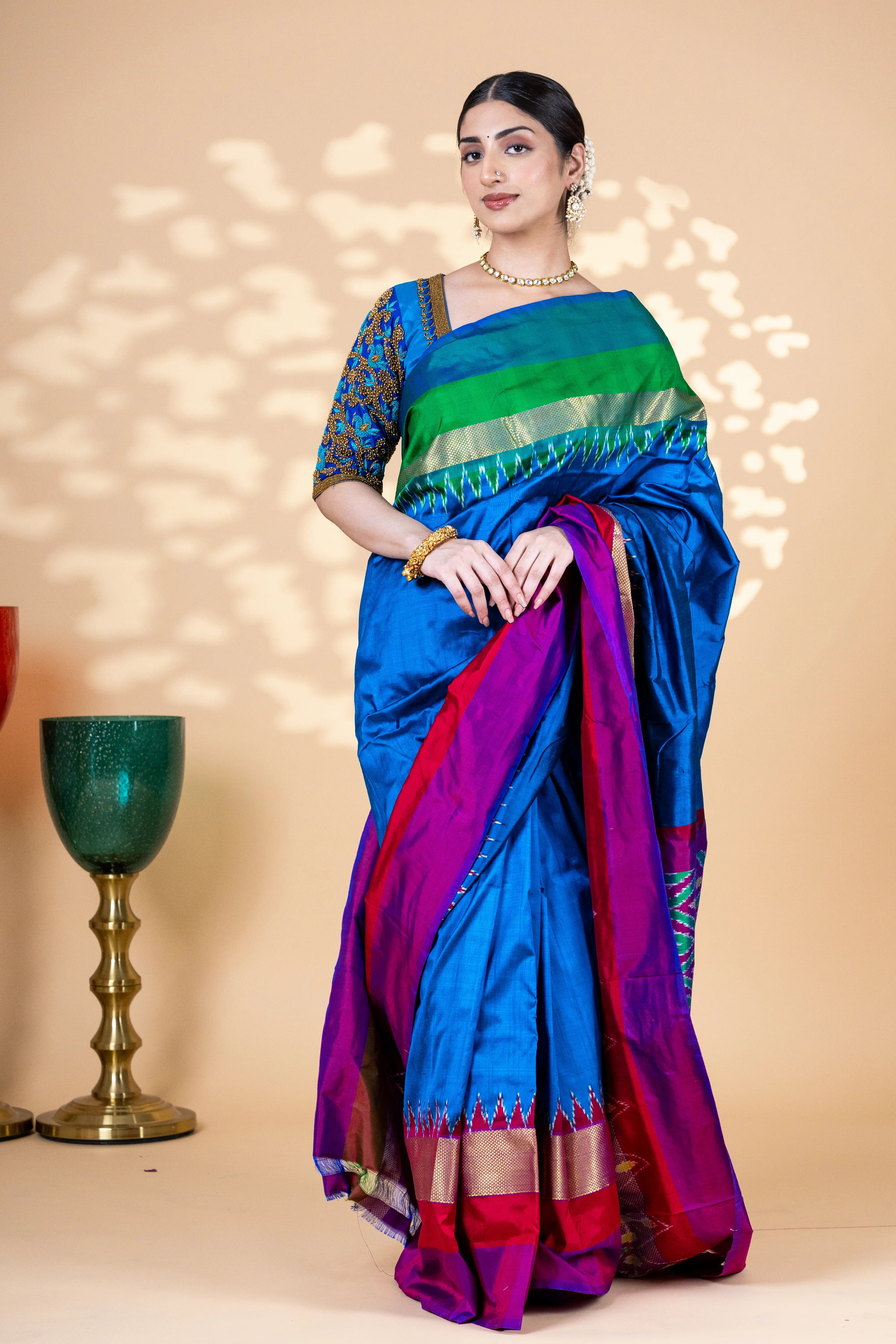 Blue Pochampally Silk Saree With Beautiful Multi Color And Zari Border With Ikkat Detailing