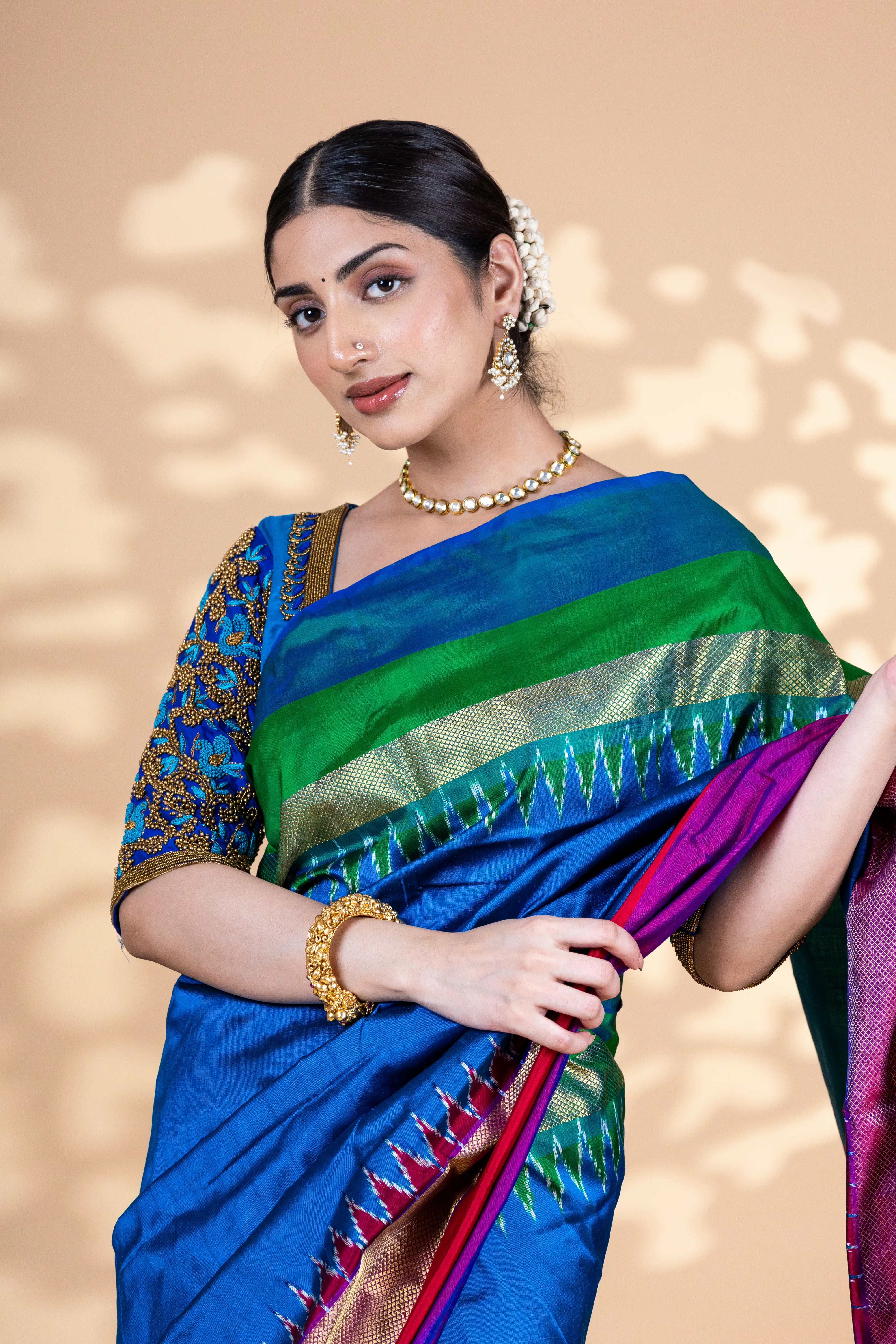 Blue Pochampally Silk Saree With Beautiful Multi Color And Zari Border With Ikkat Detailing