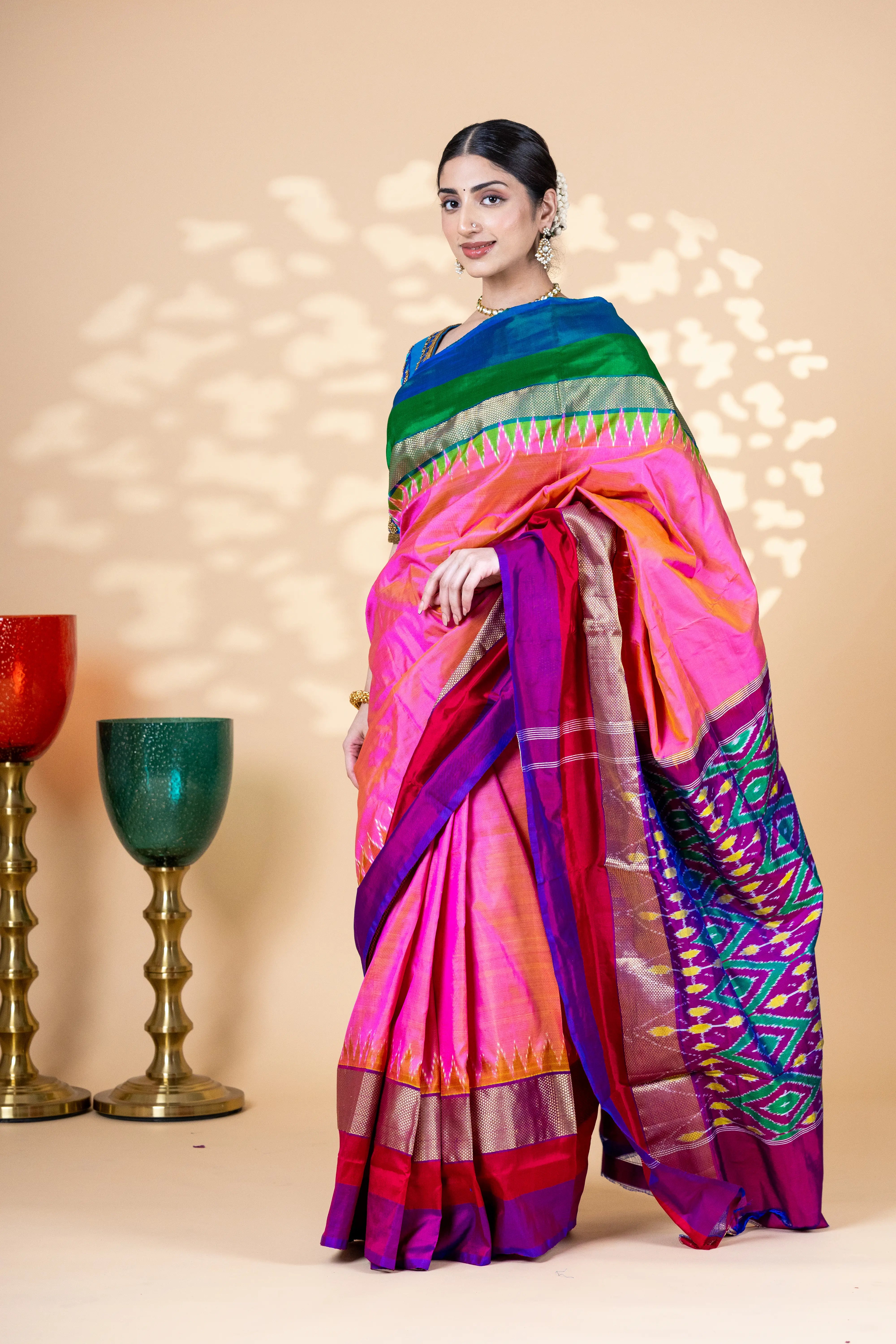 Onion Pink Pochampally Silk Saree With Beautiful Contrast Multi Color And Zari Borde With Ikkat Detailing
