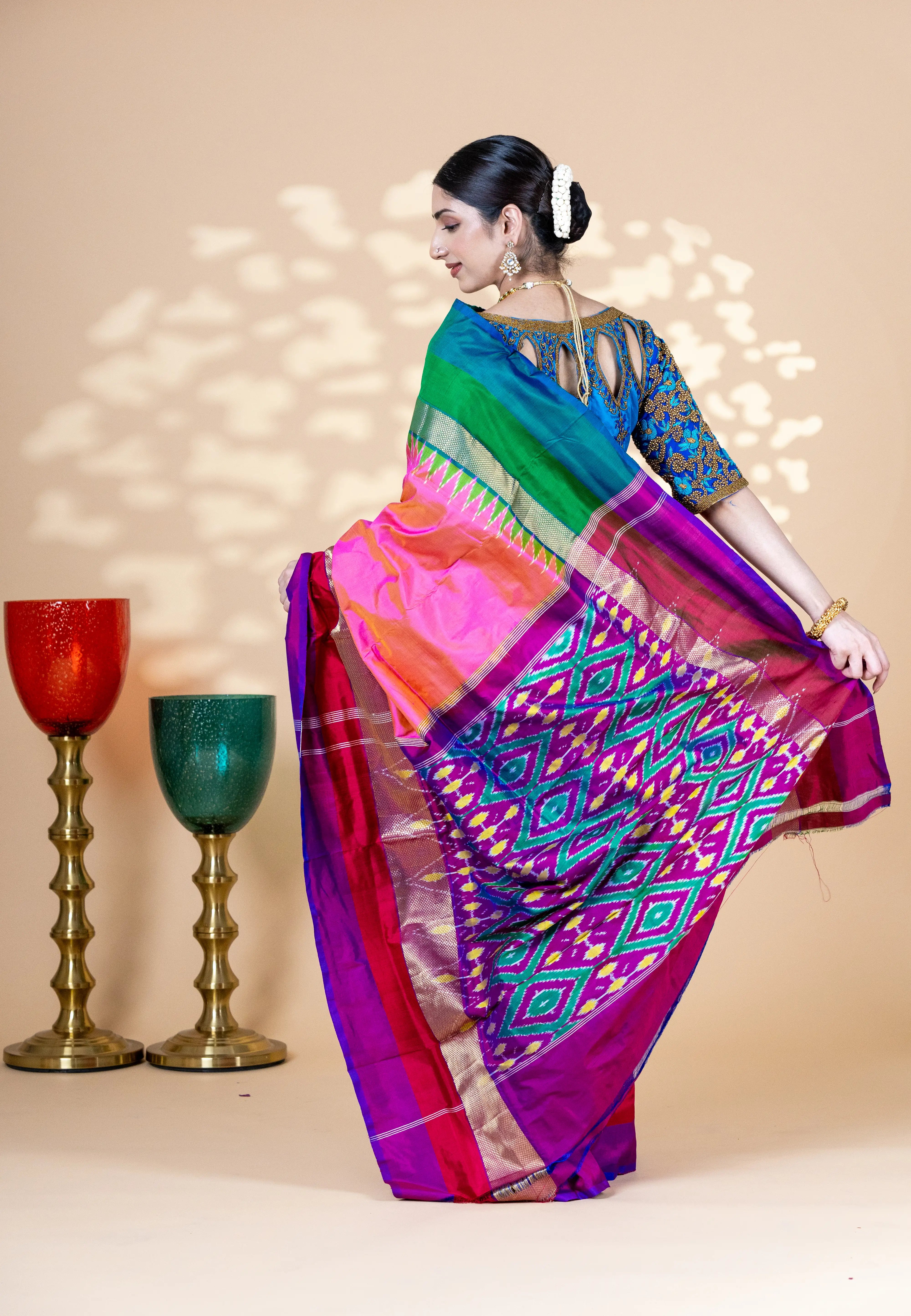 Onion Pink Pochampally Silk Saree With Beautiful Contrast Multi Color And Zari Borde With Ikkat Detailing