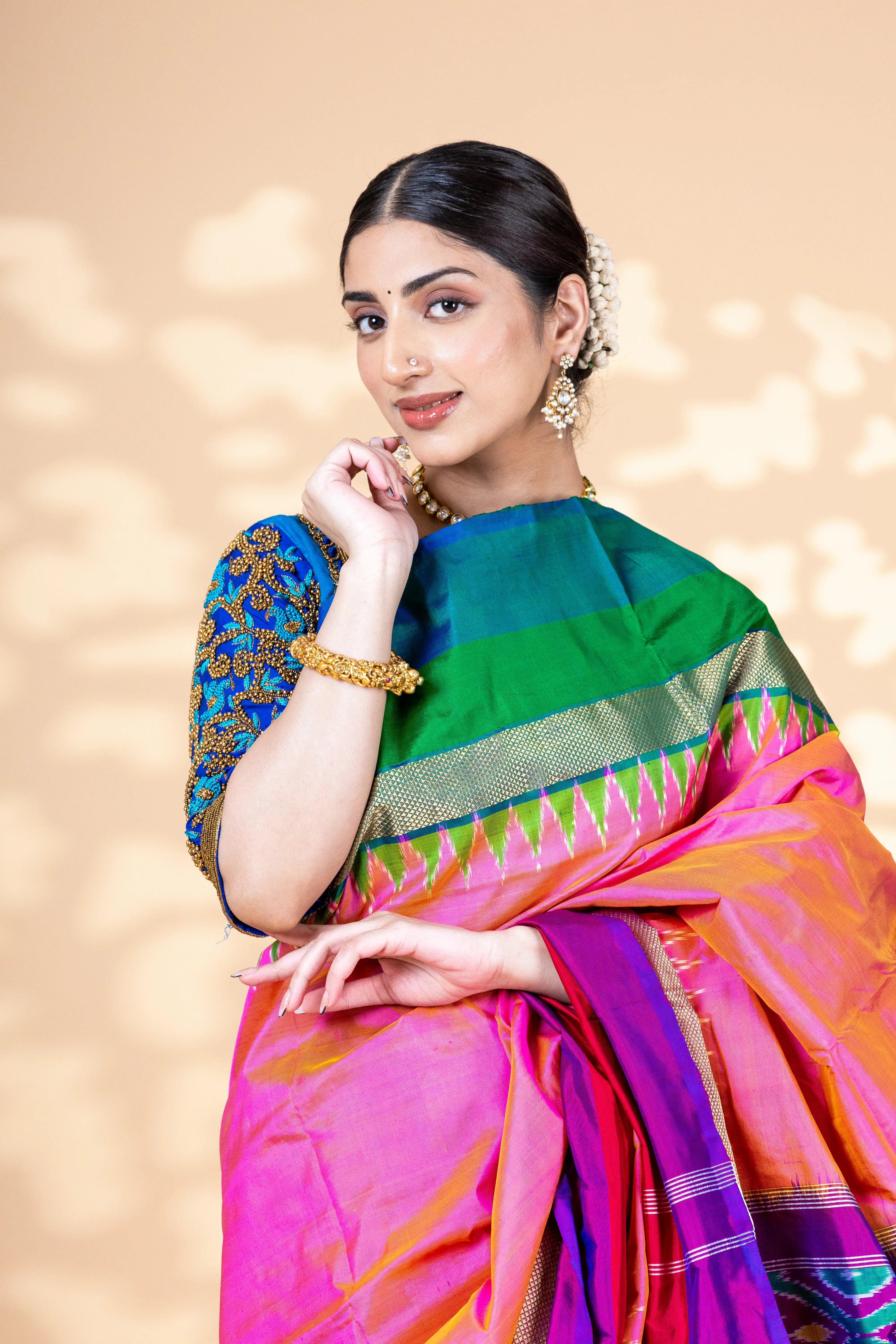 Onion Pink Pochampally Silk Saree With Beautiful Contrast Multi Color And Zari Borde With Ikkat Detailing