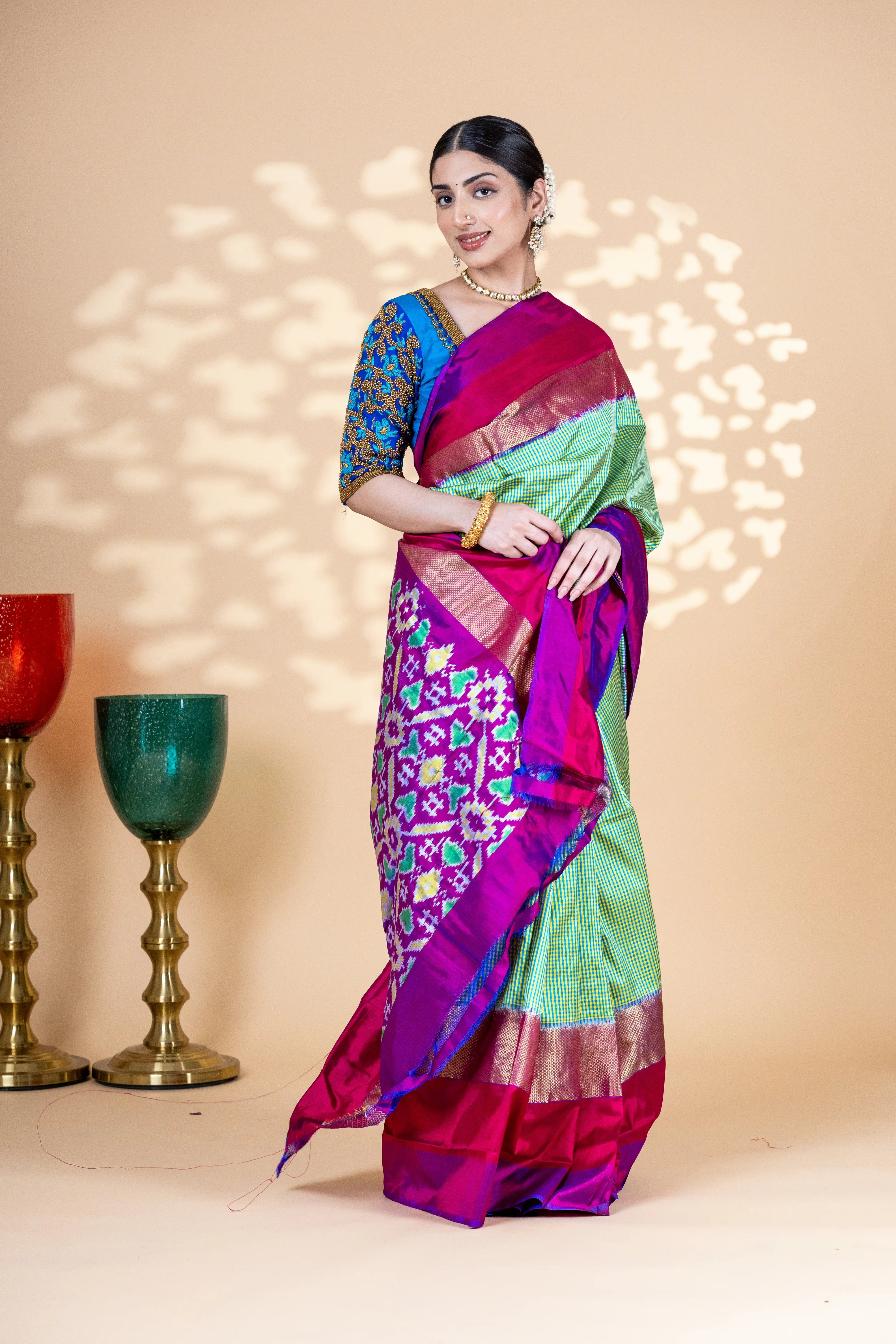 Green Check Pattern Pochampally Saree With Elegant Pink And Zari Border