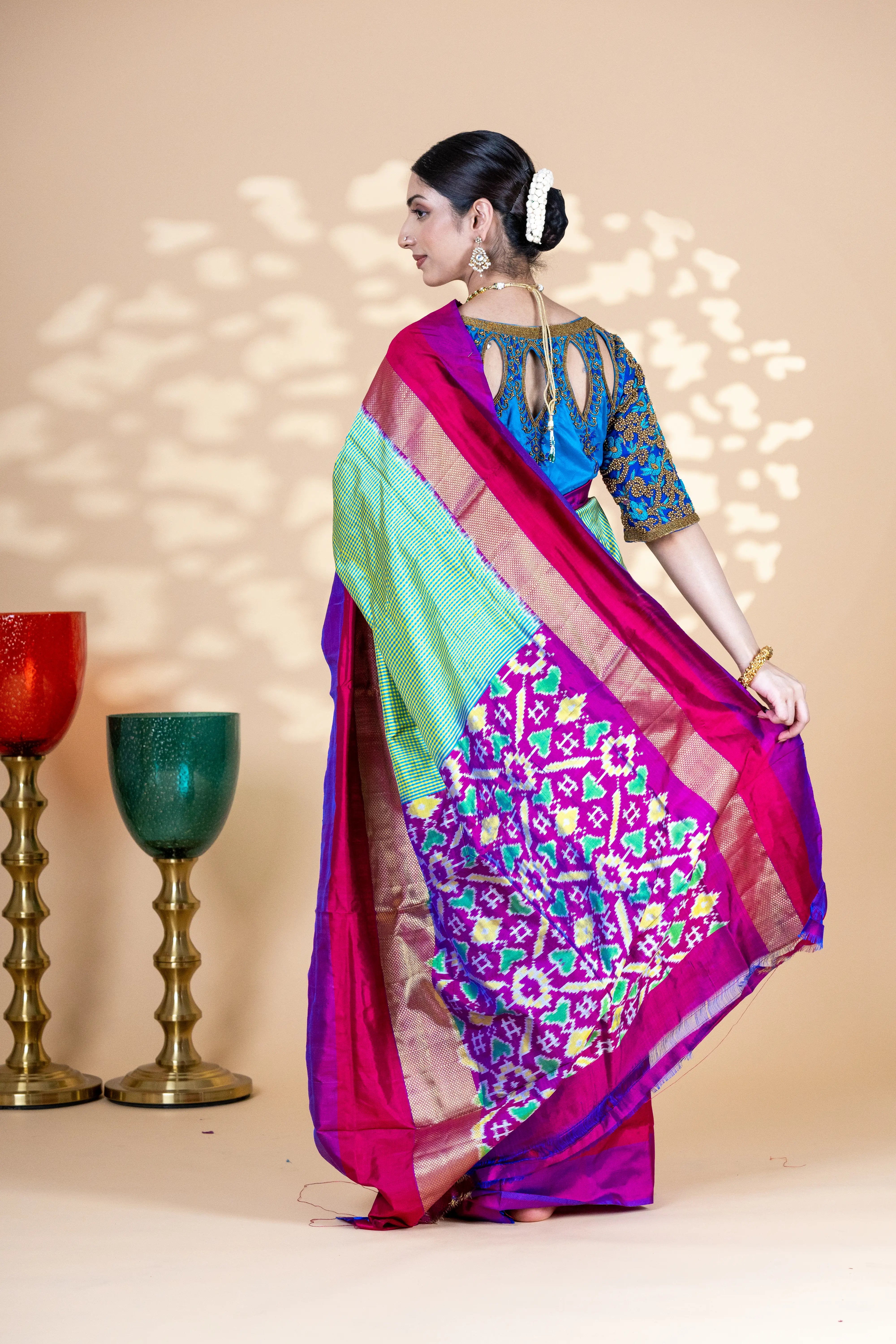 Green Check Pattern Pochampally Saree With Elegant Pink And Zari Border