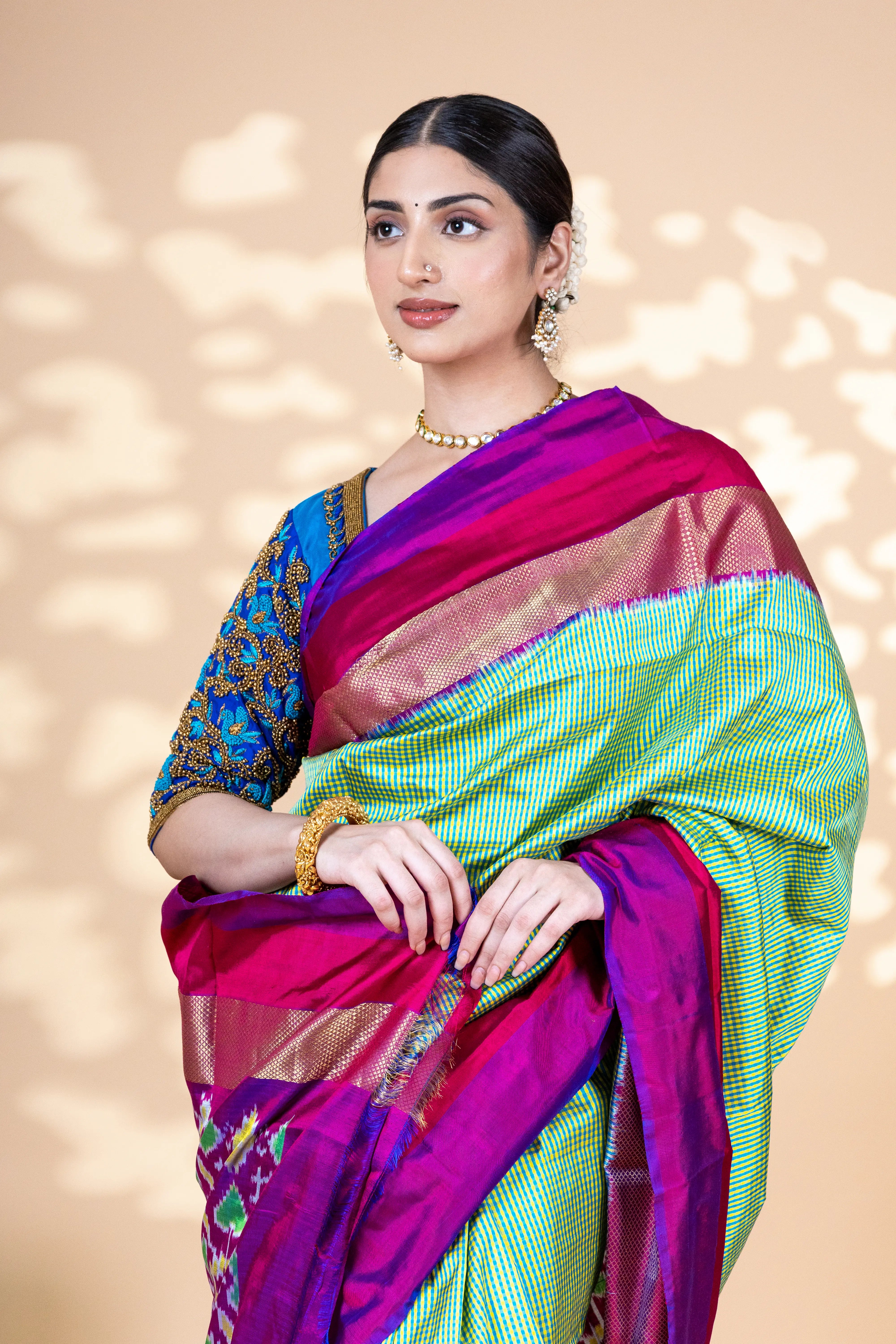 Green Check Pattern Pochampally Saree With Elegant Pink And Zari Border