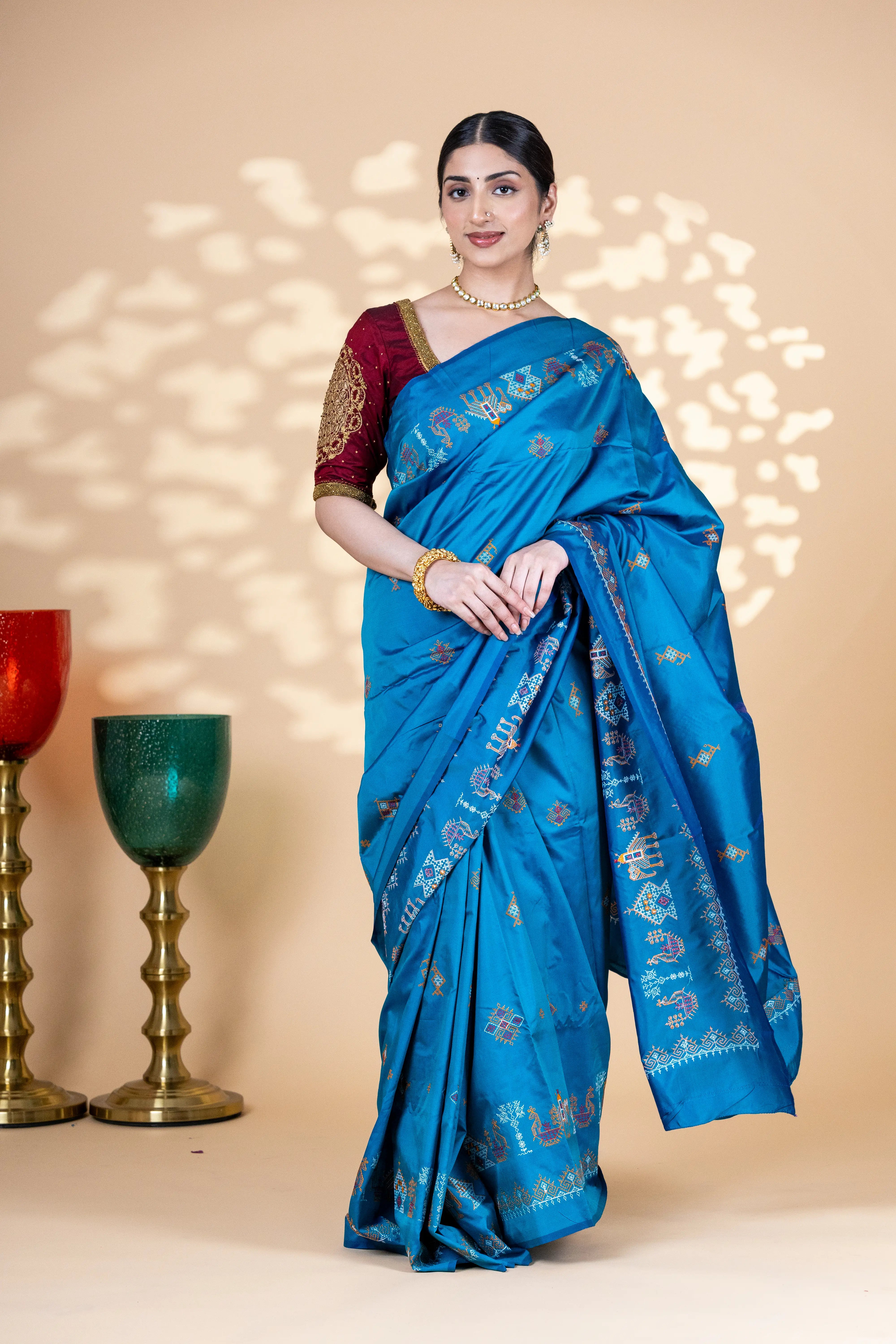Blue Art Silk Saree With Beautiful Kasuti Embroidery