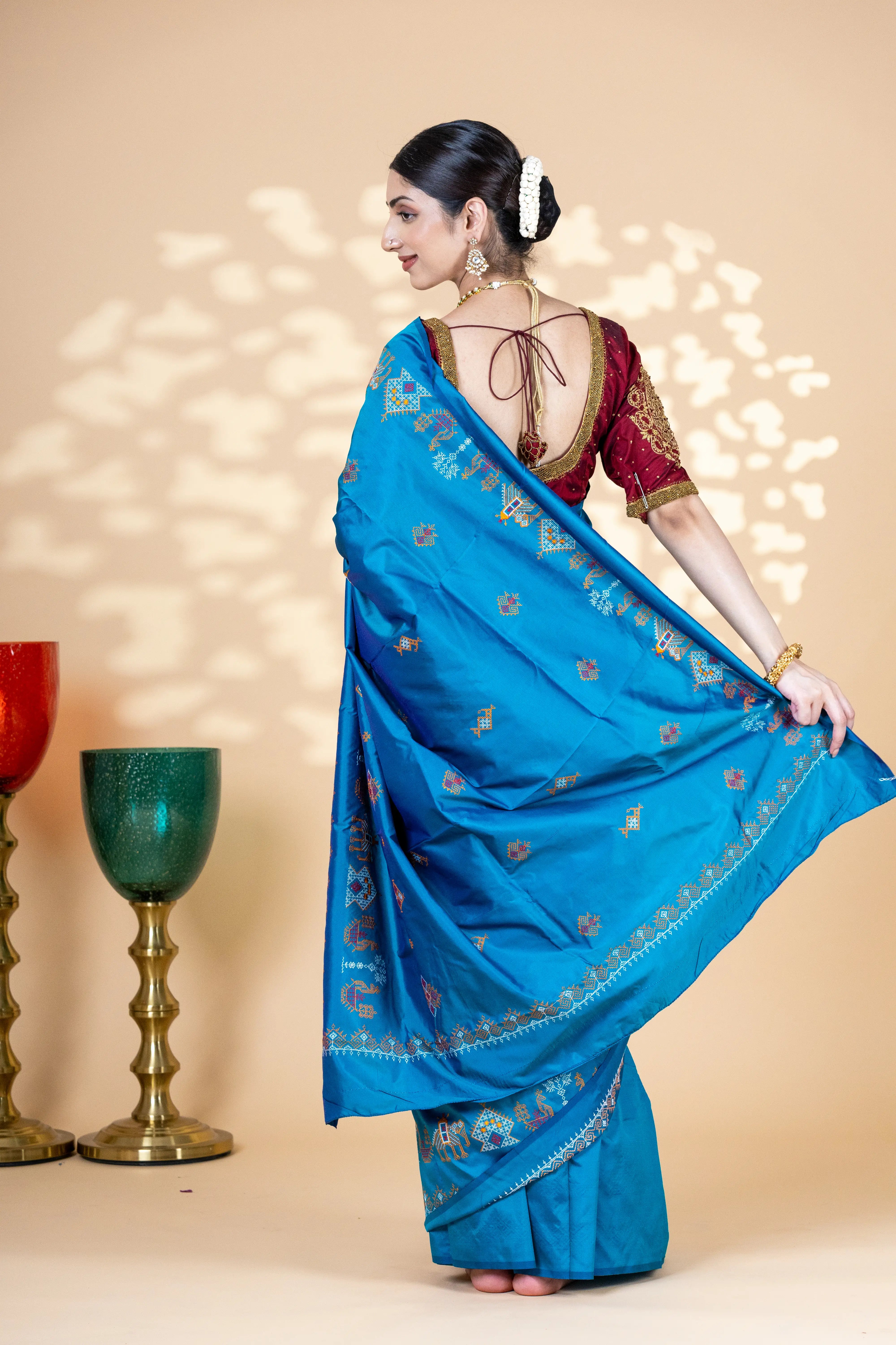 Blue Art Silk Saree With Beautiful Kasuti Embroidery