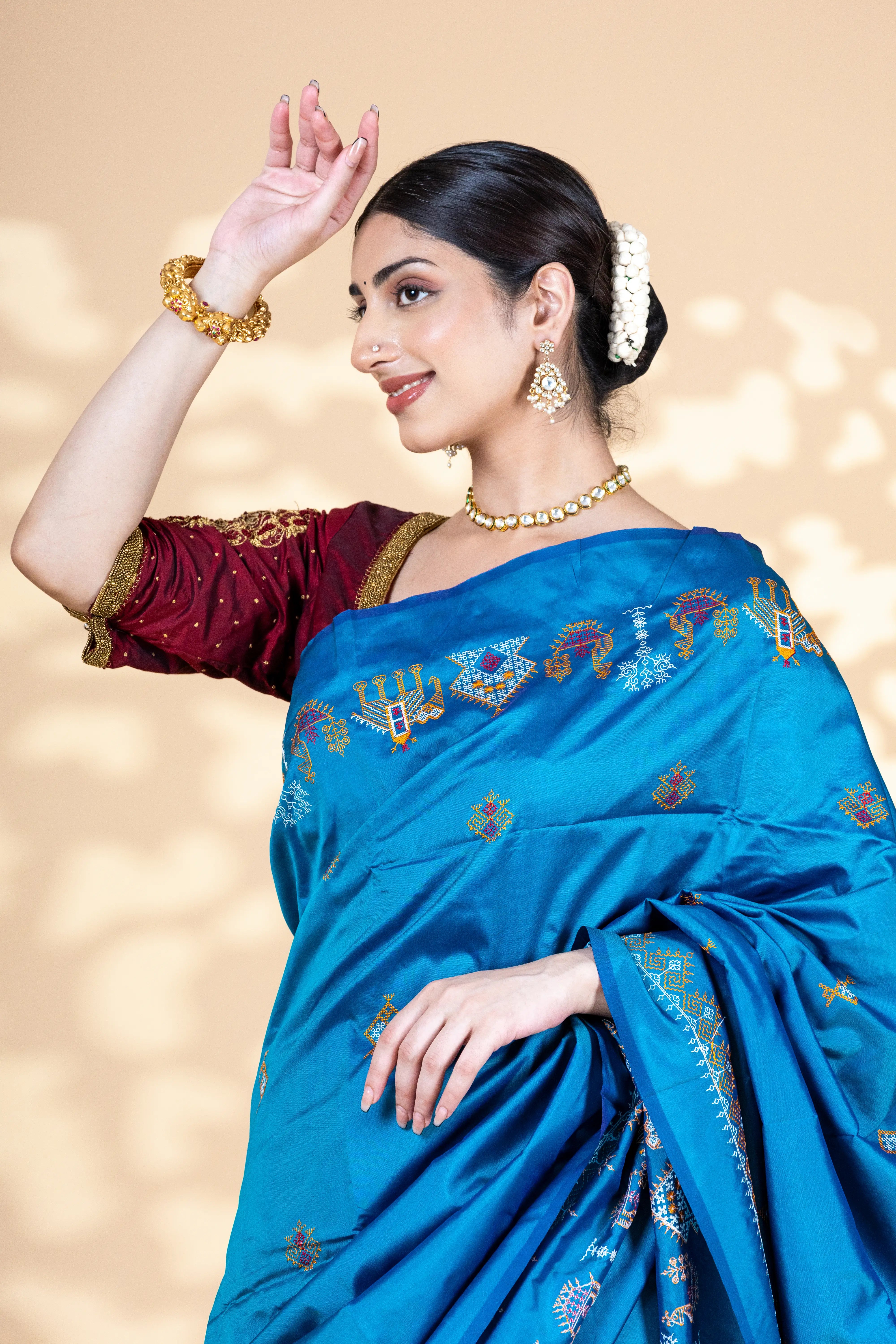 Blue Art Silk Saree With Beautiful Kasuti Embroidery