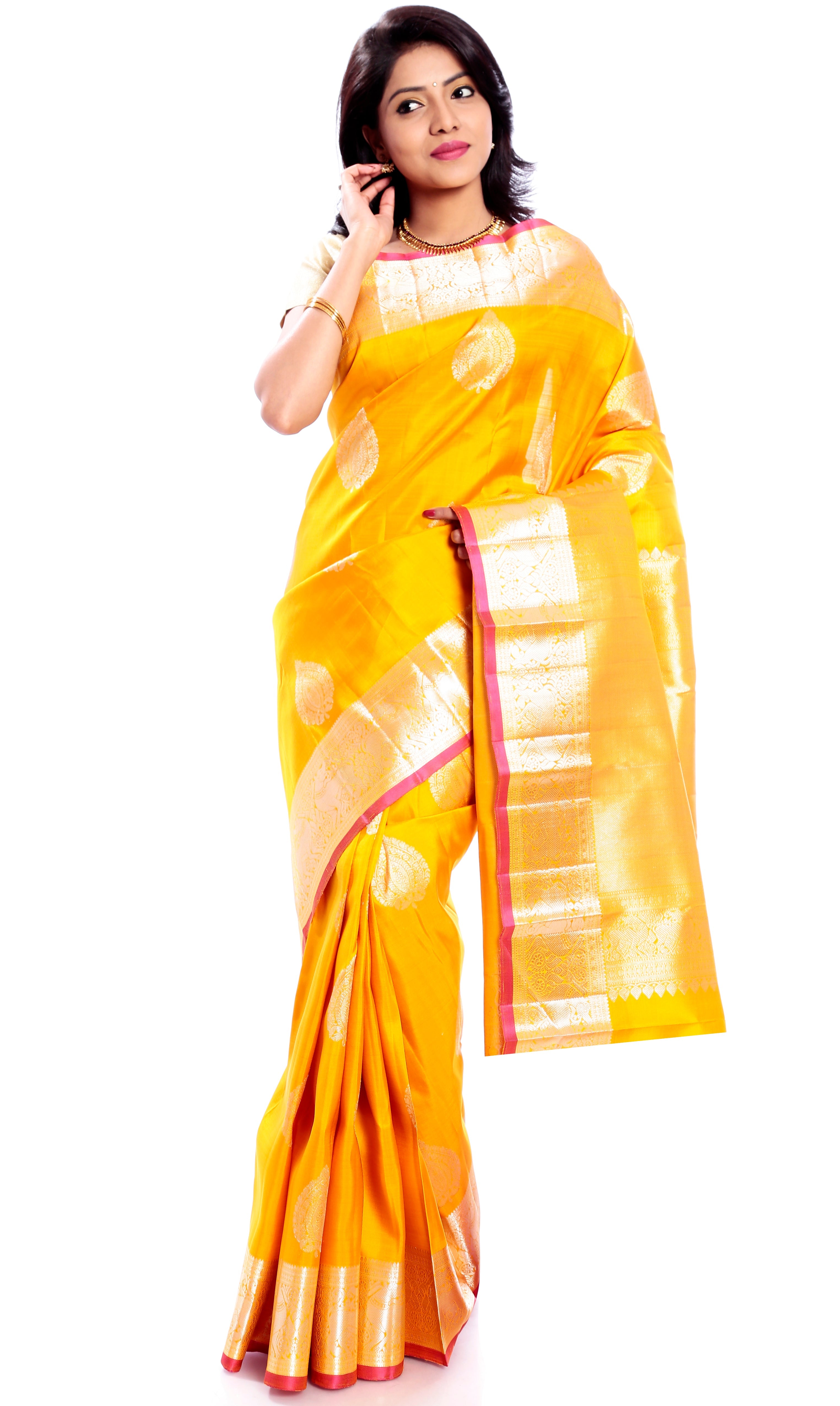 Kanchipuram Silk Saree in Yellow + Thilagam Motifs + Elegant Broad Border in Pure Zari with Yali Motifs