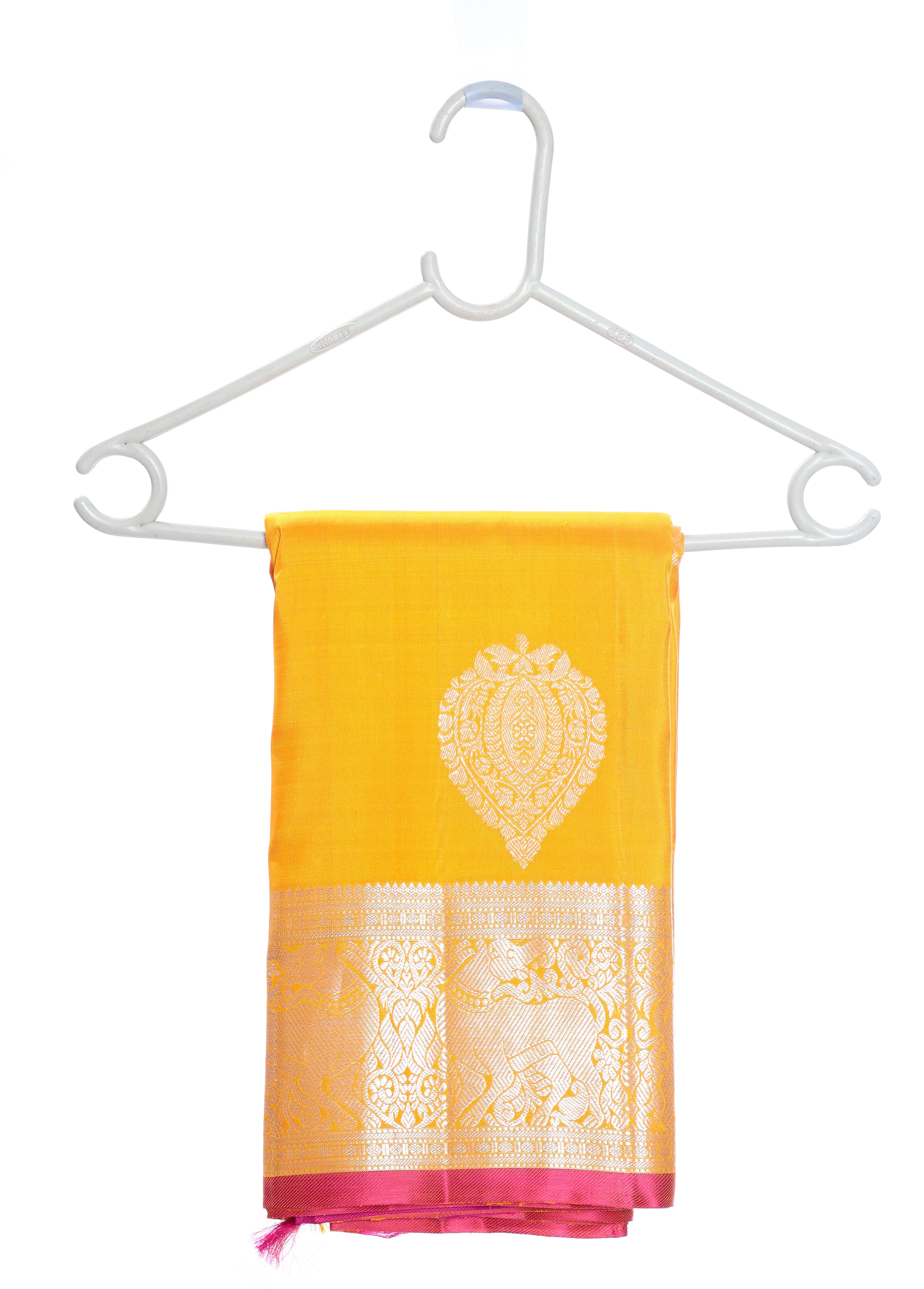 Kanchipuram Silk Saree in Yellow + Thilagam Motifs + Elegant Broad Border in Pure Zari with Yali Motifs