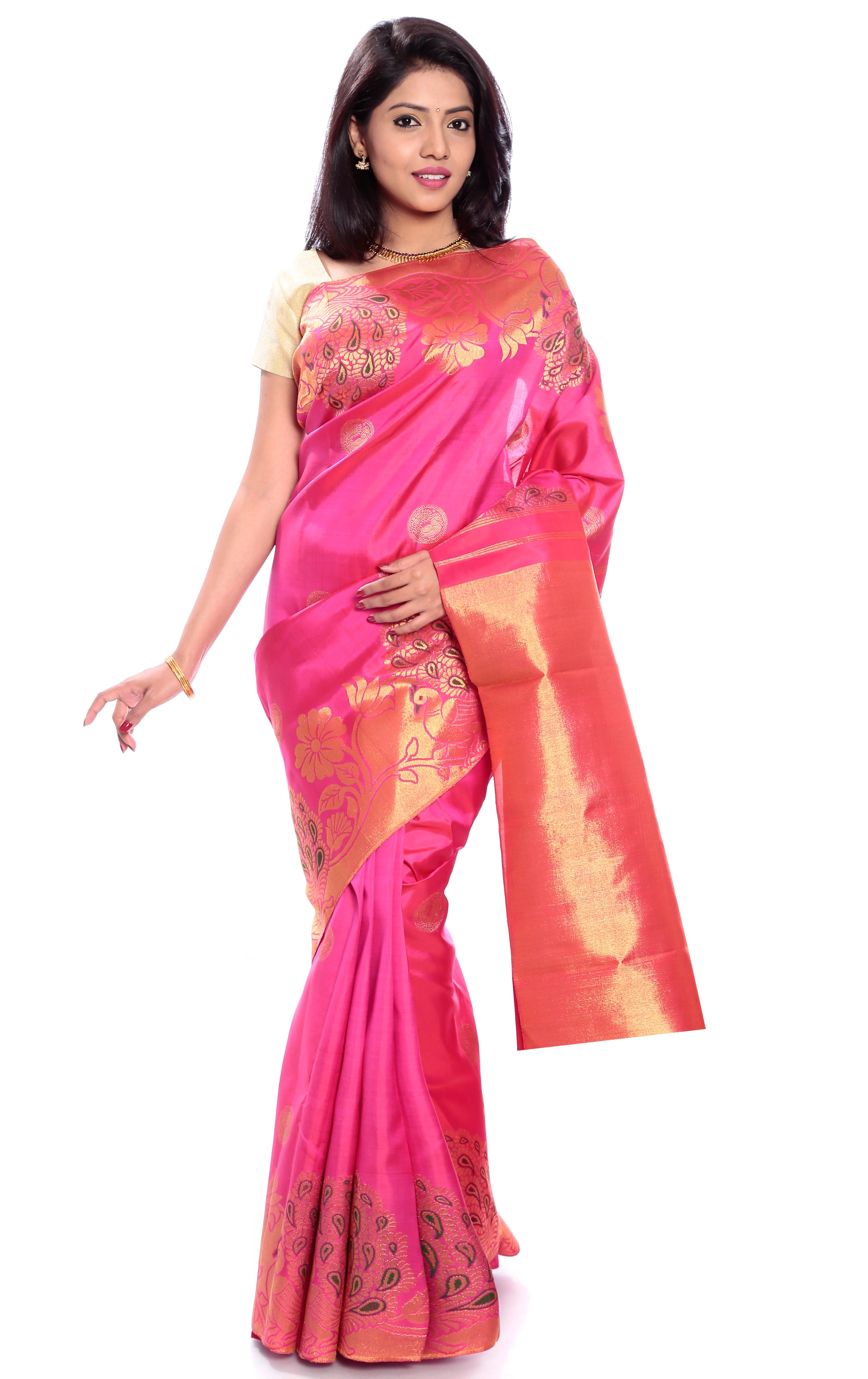 Pink Pure Zari Kanchipuram Pure Silk Saree with Peacock motifs
