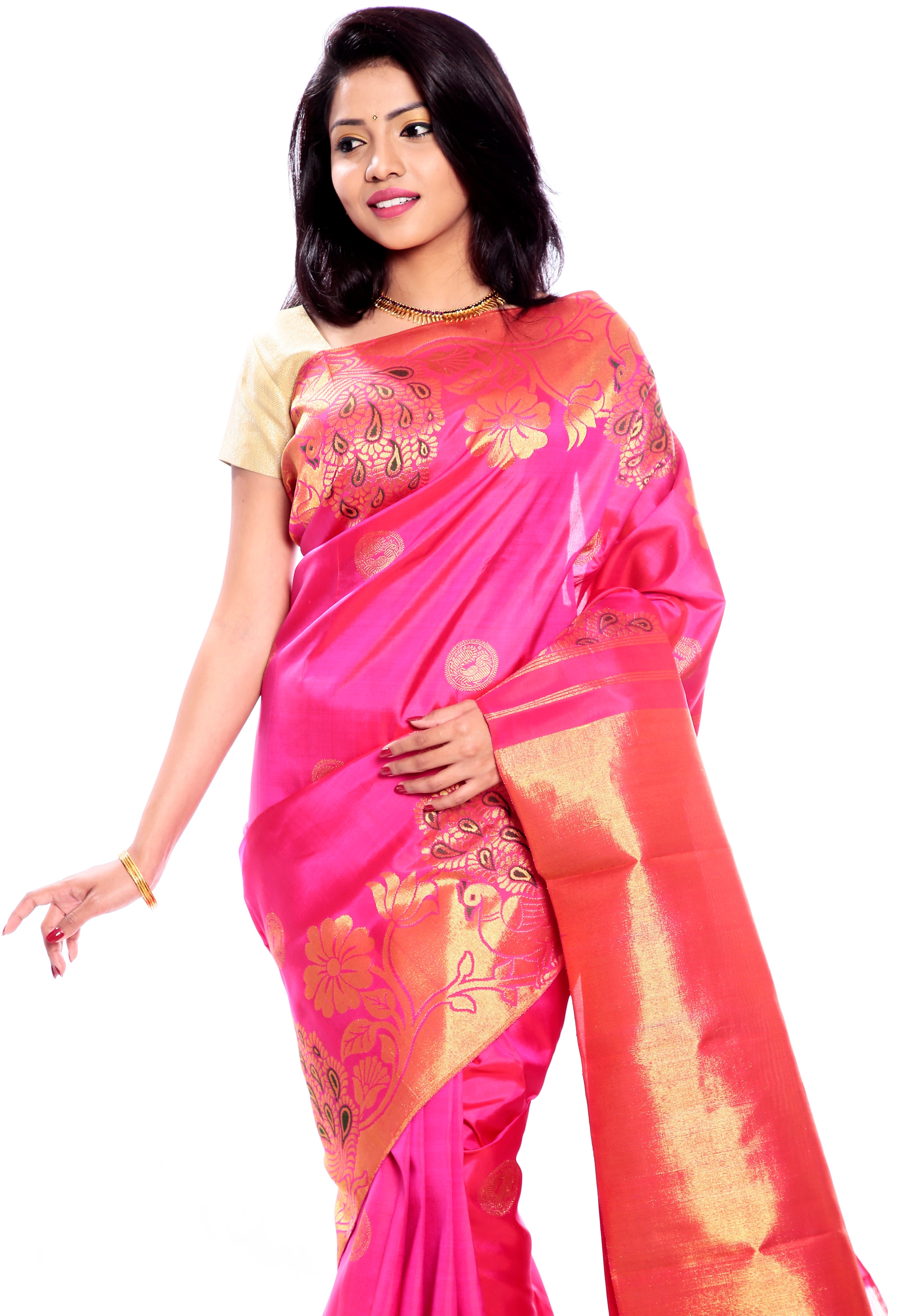 Pink Pure Zari Kanchipuram Pure Silk Saree with Peacock motifs