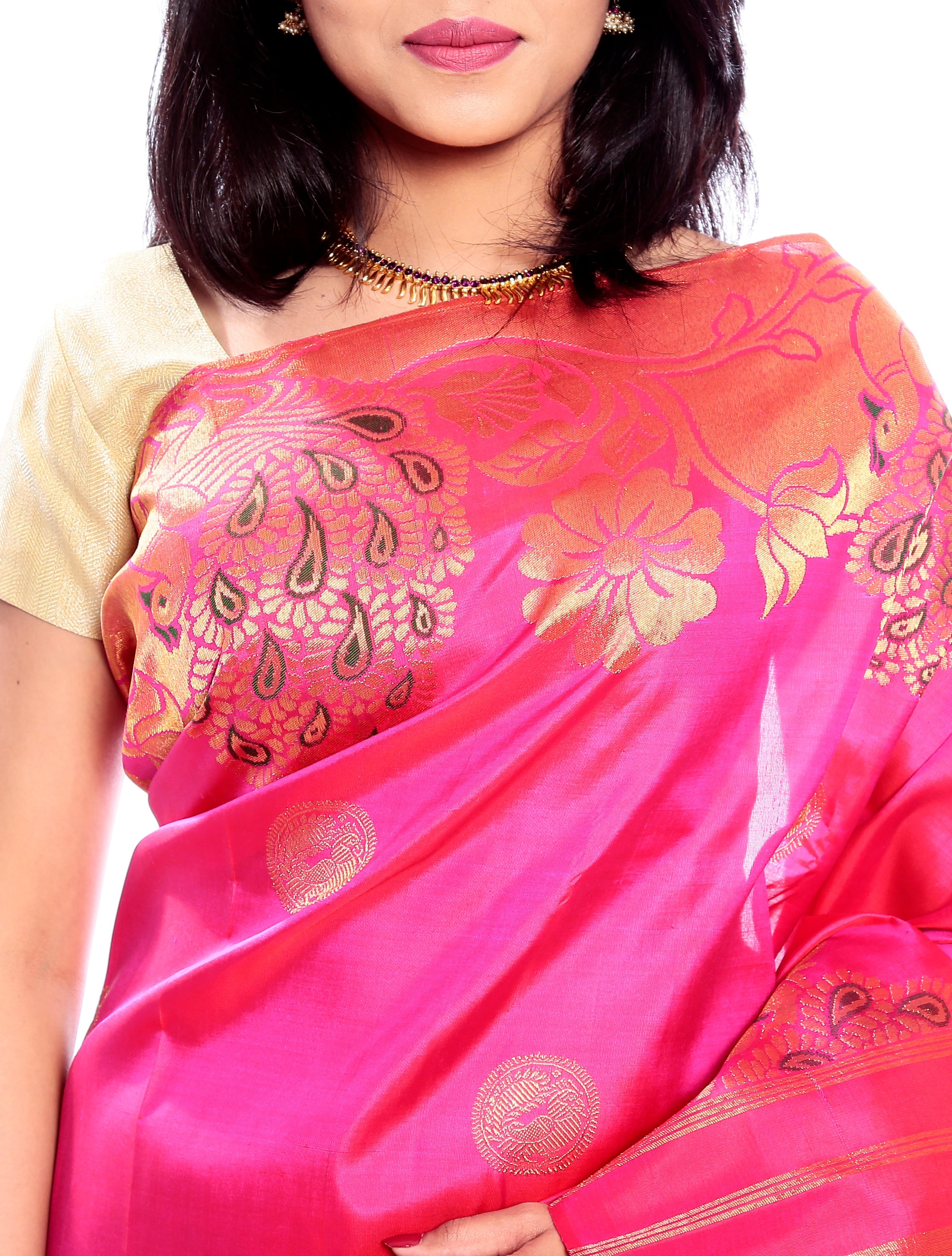 Pink Pure Zari Kanchipuram Pure Silk Saree with Peacock motifs