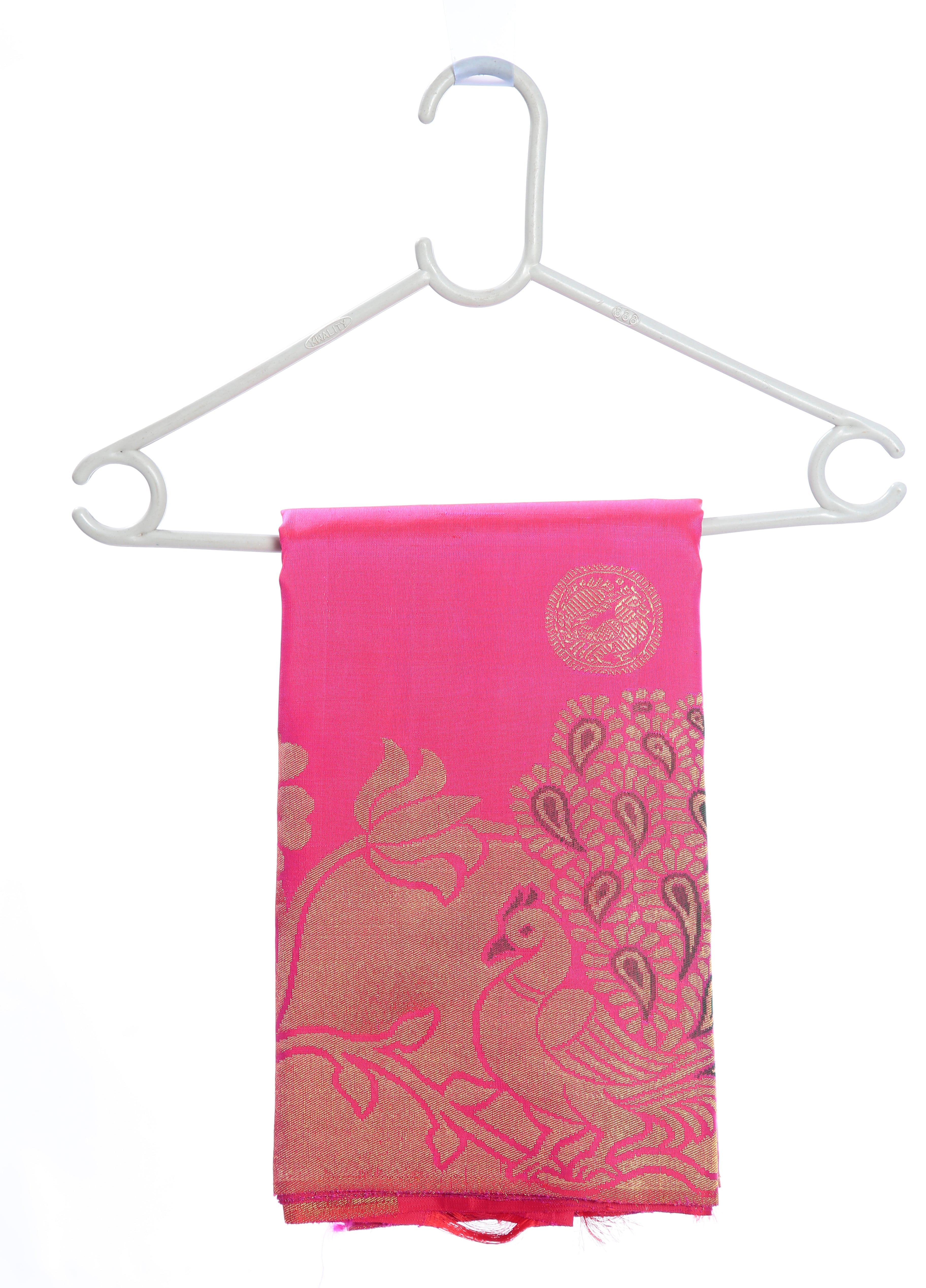 Pink Pure Zari Kanchipuram Pure Silk Saree with Peacock motifs