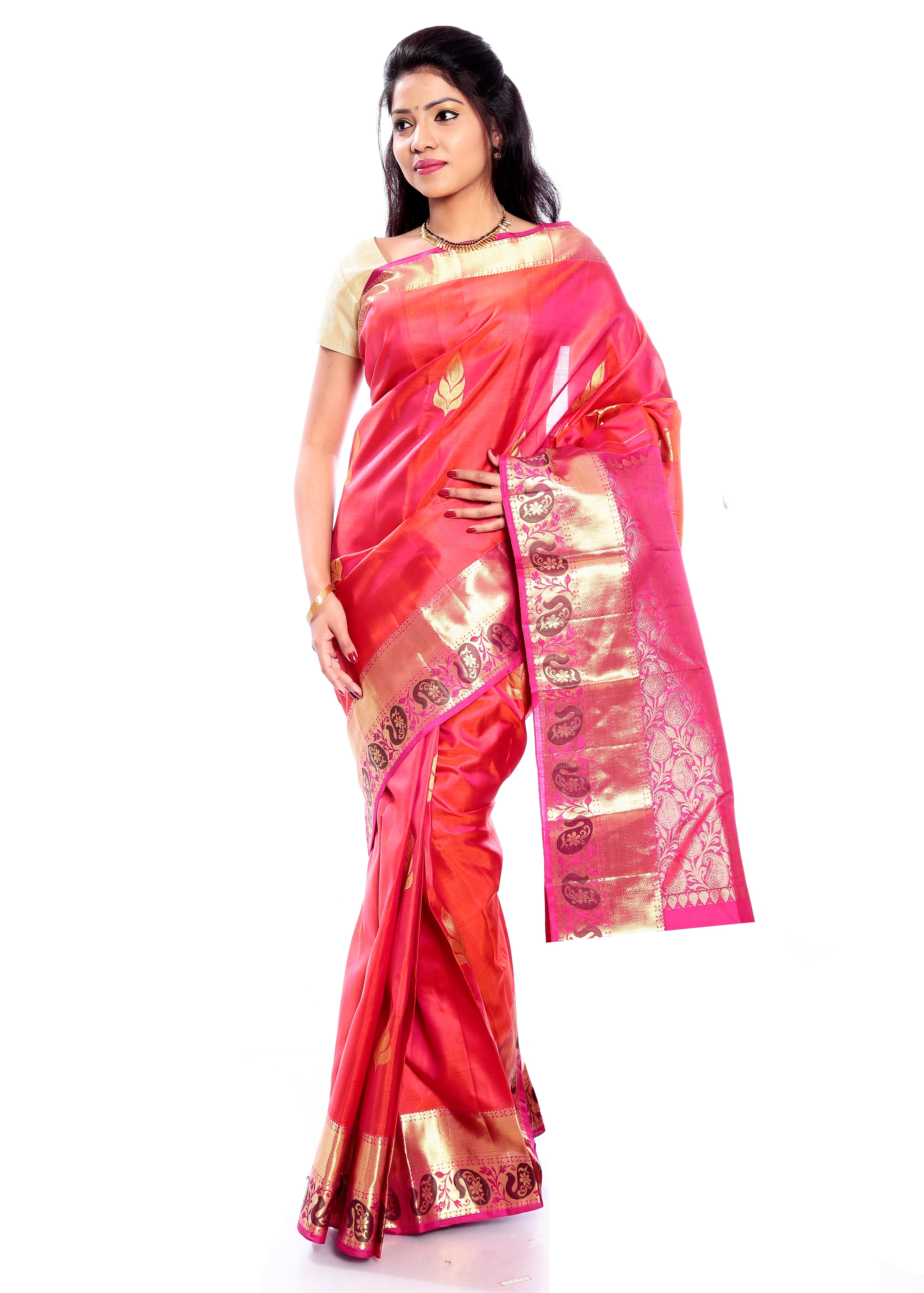 Mandakini - Exclusive - Indian Women's Kanchipuram  - Handloom - Pure Silk Saree (Orange Pink) (MK220)