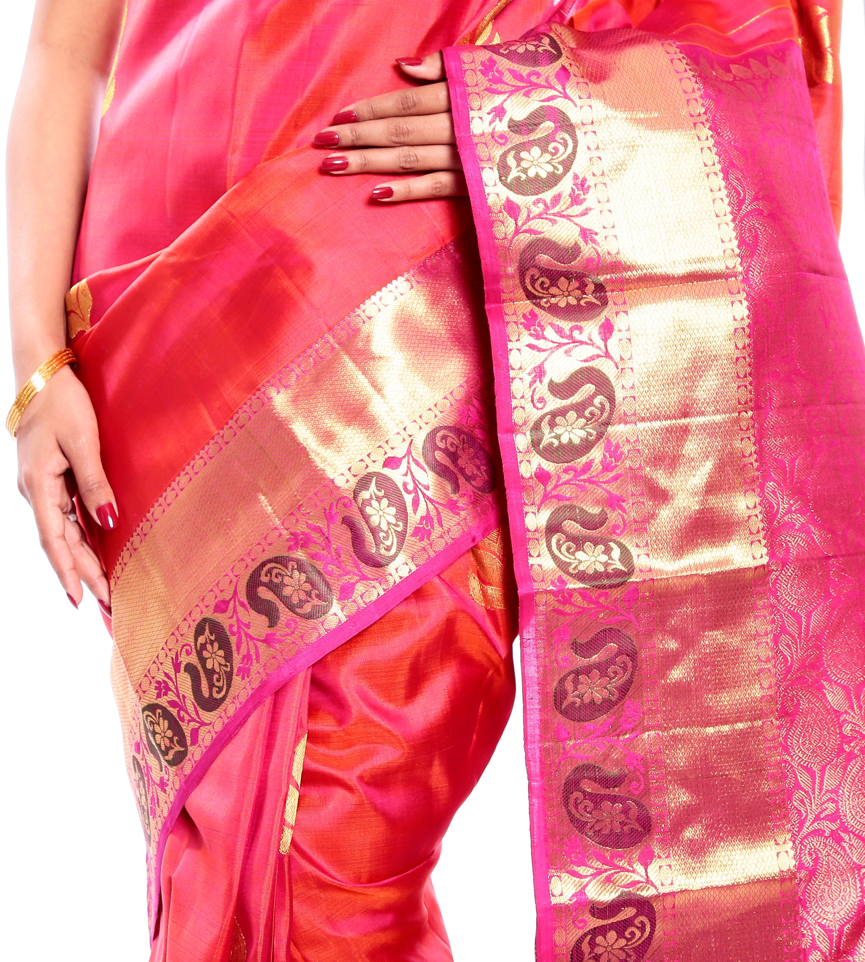 Mandakini - Exclusive - Indian Women's Kanchipuram  - Handloom - Pure Silk Saree (Orange Pink) (MK220)