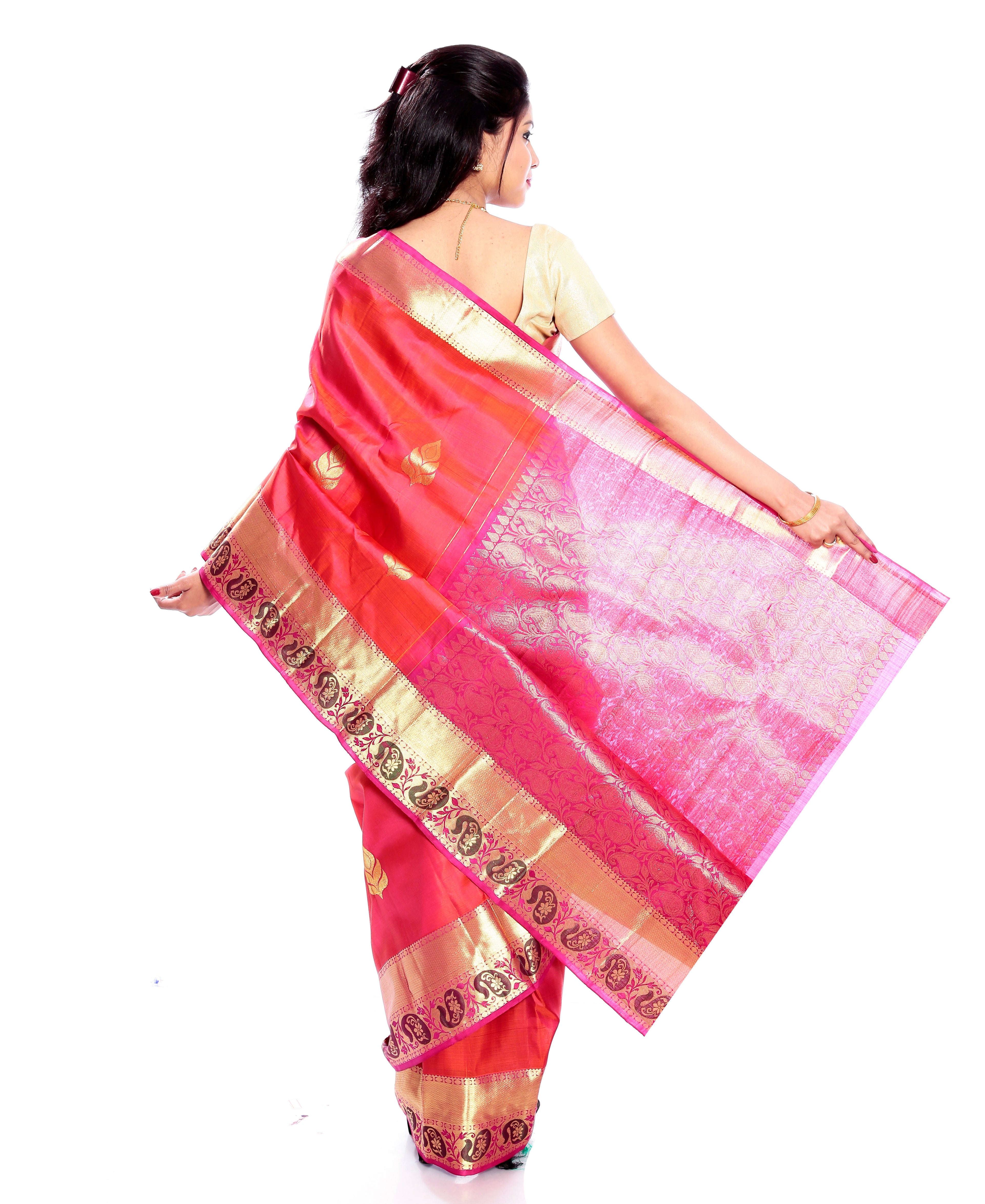 Mandakini - Exclusive - Indian Women's Kanchipuram  - Handloom - Pure Silk Saree (Orange Pink) (MK220)