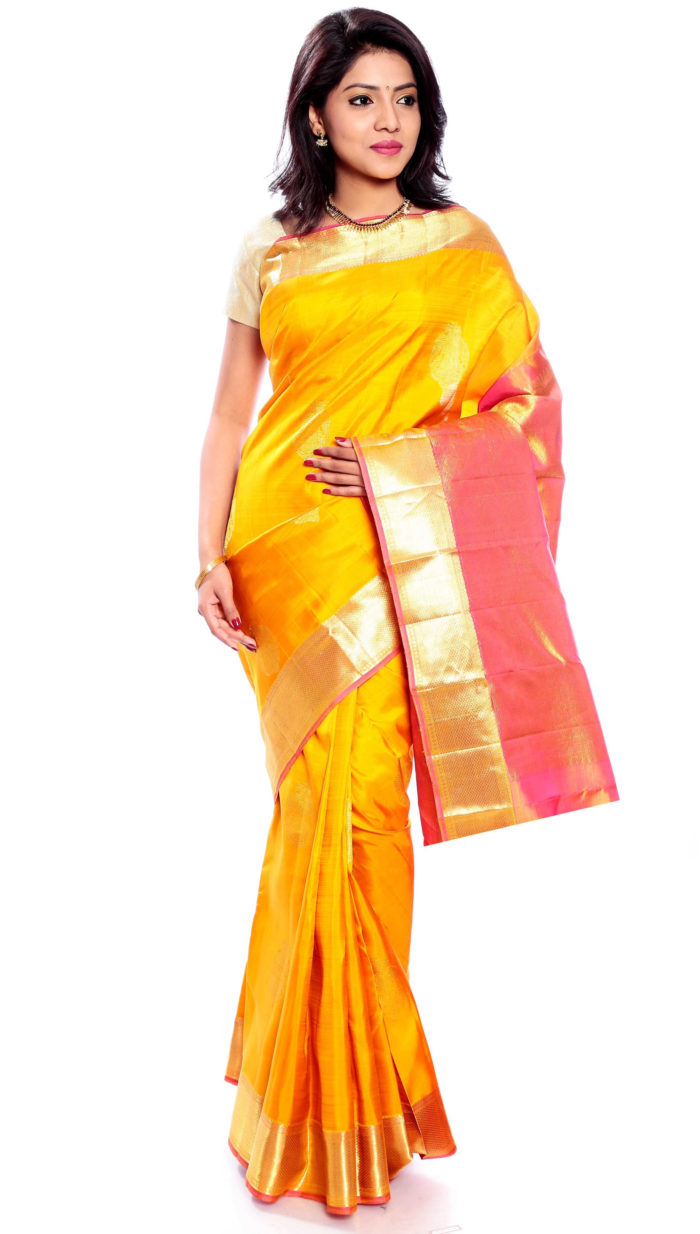 Mandakini - Exclusive - Indian Women's Kanchipuram  - Handloom - Pure Silk Saree (Yellow) (MK222)