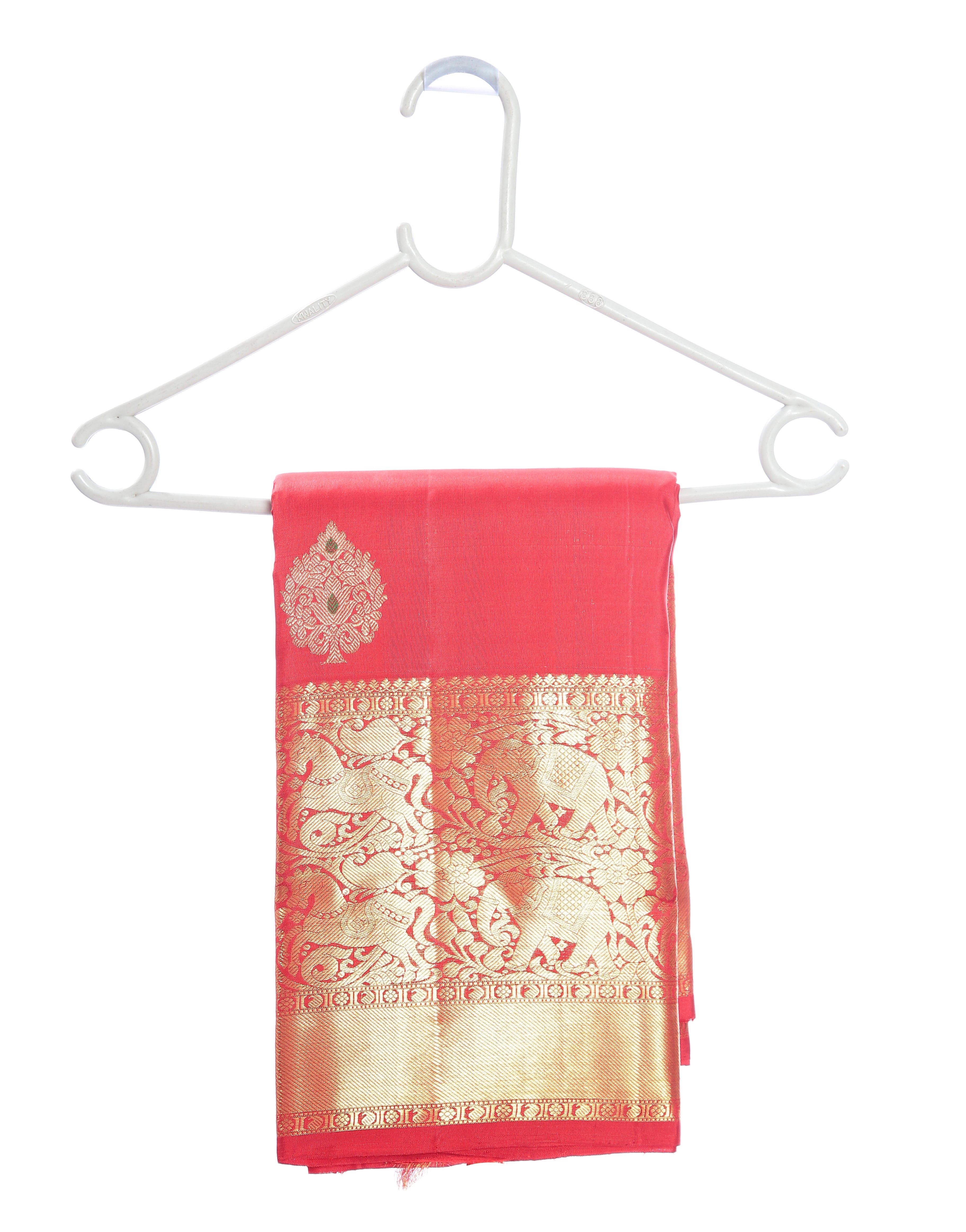 Kanchipuram Silk Saree in Red + Thilagam Motifs  + Elephant-Horse Motif Gold Zari Border