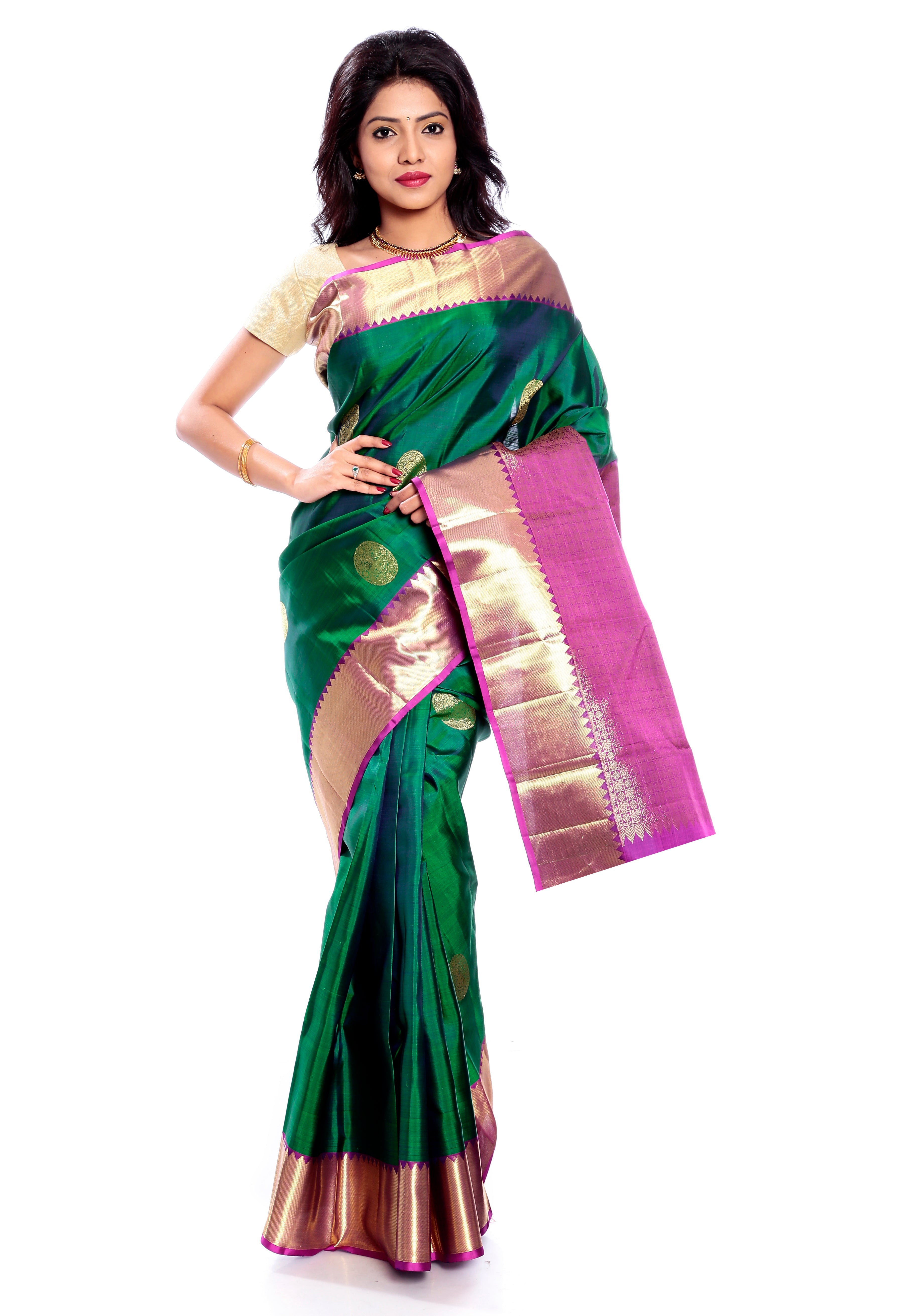 Dark green Kanchipuram saree online USA