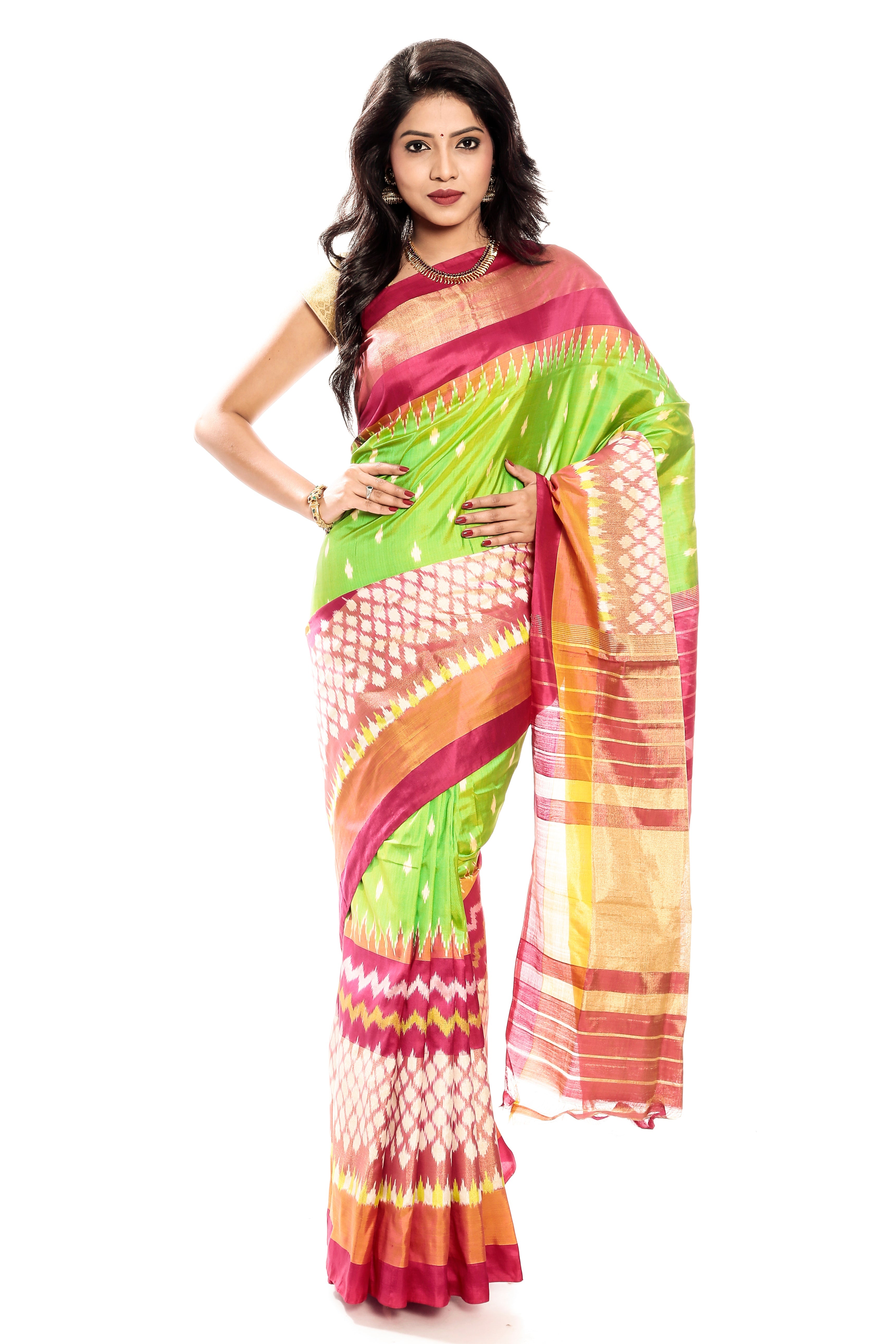 Pink & Green Pochampally Saree 