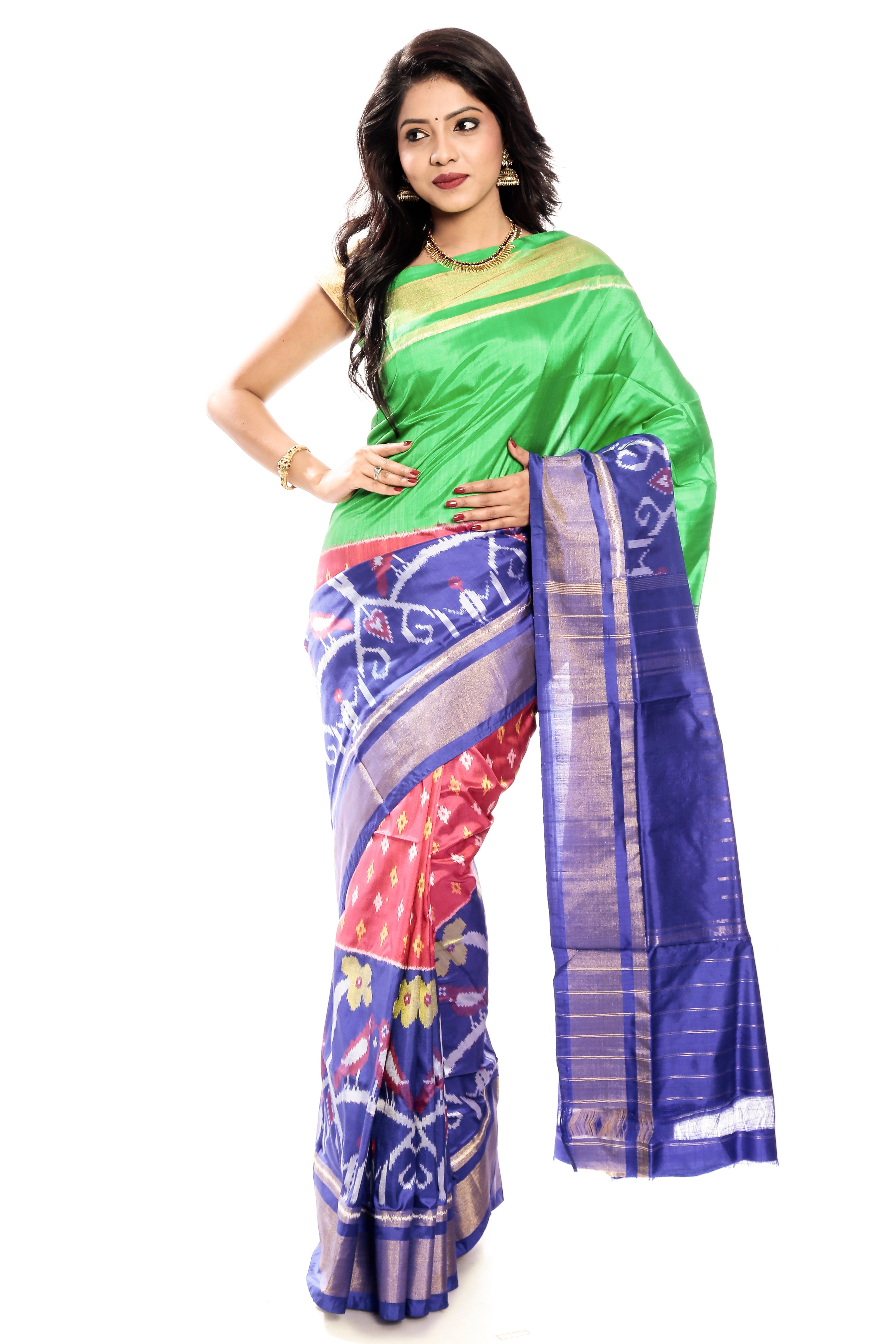 Green & blue ikkat silk saree