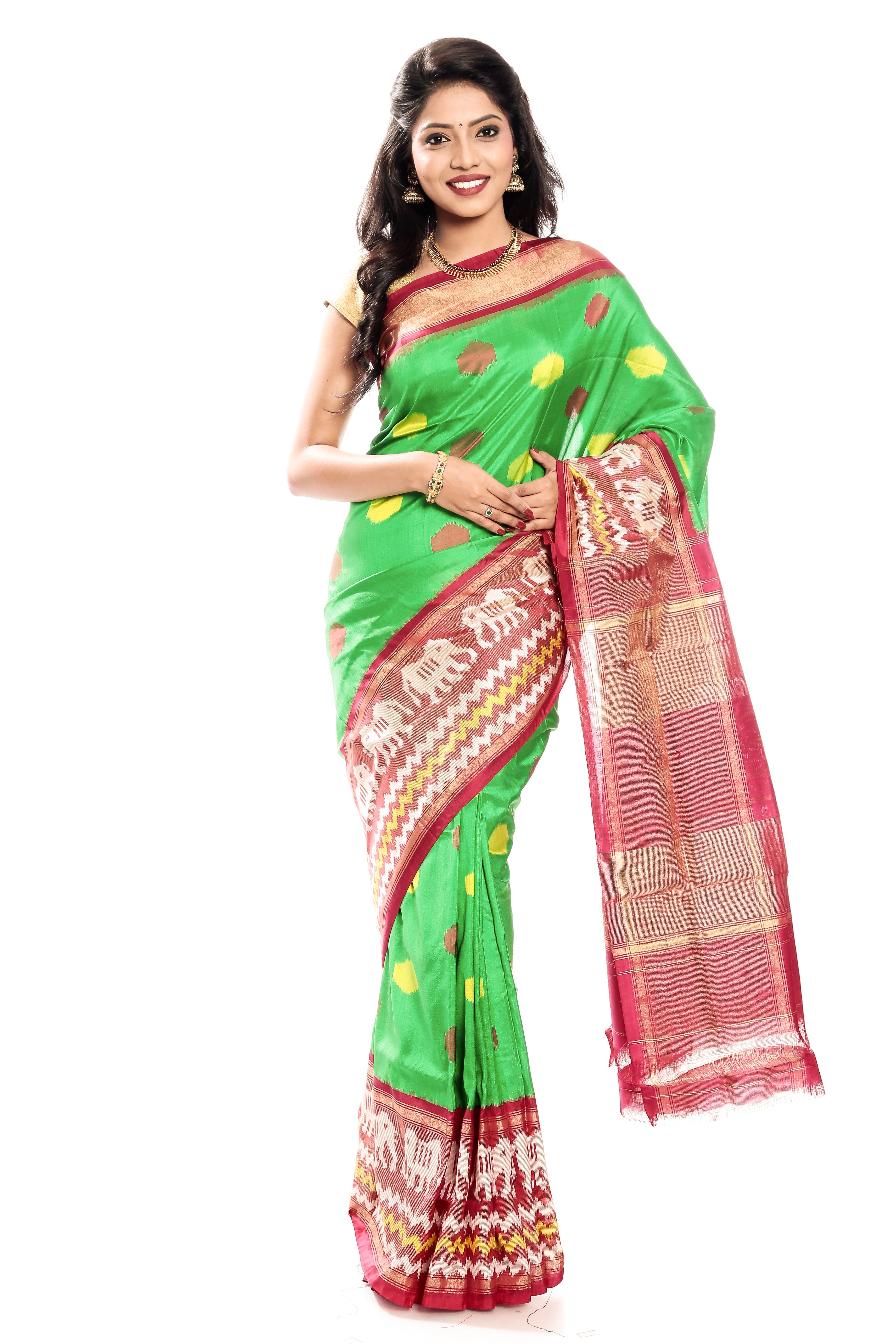 Green & Red Ikkat Silk Saree 