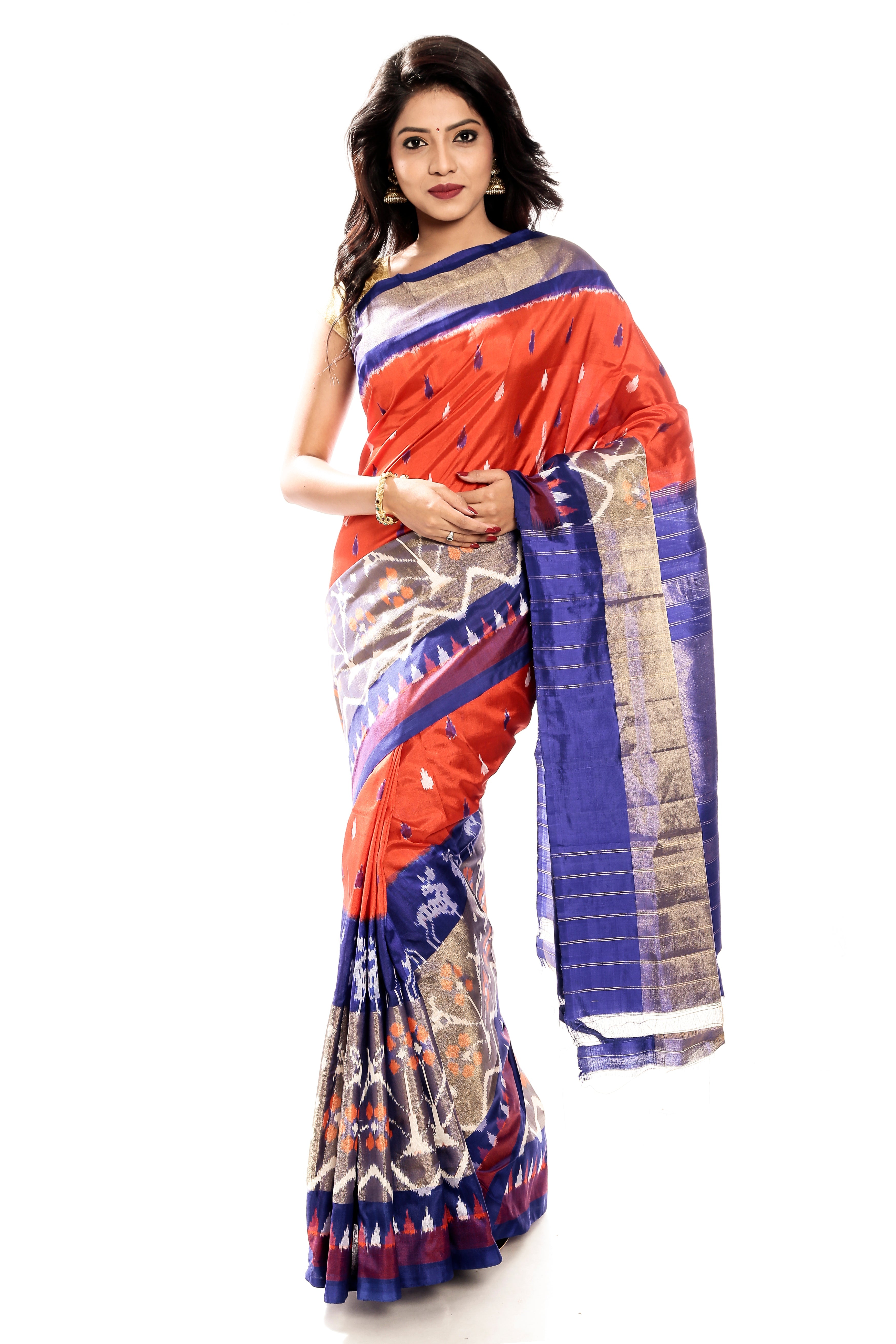 Orange & Blue pochampally ikkat silk saree