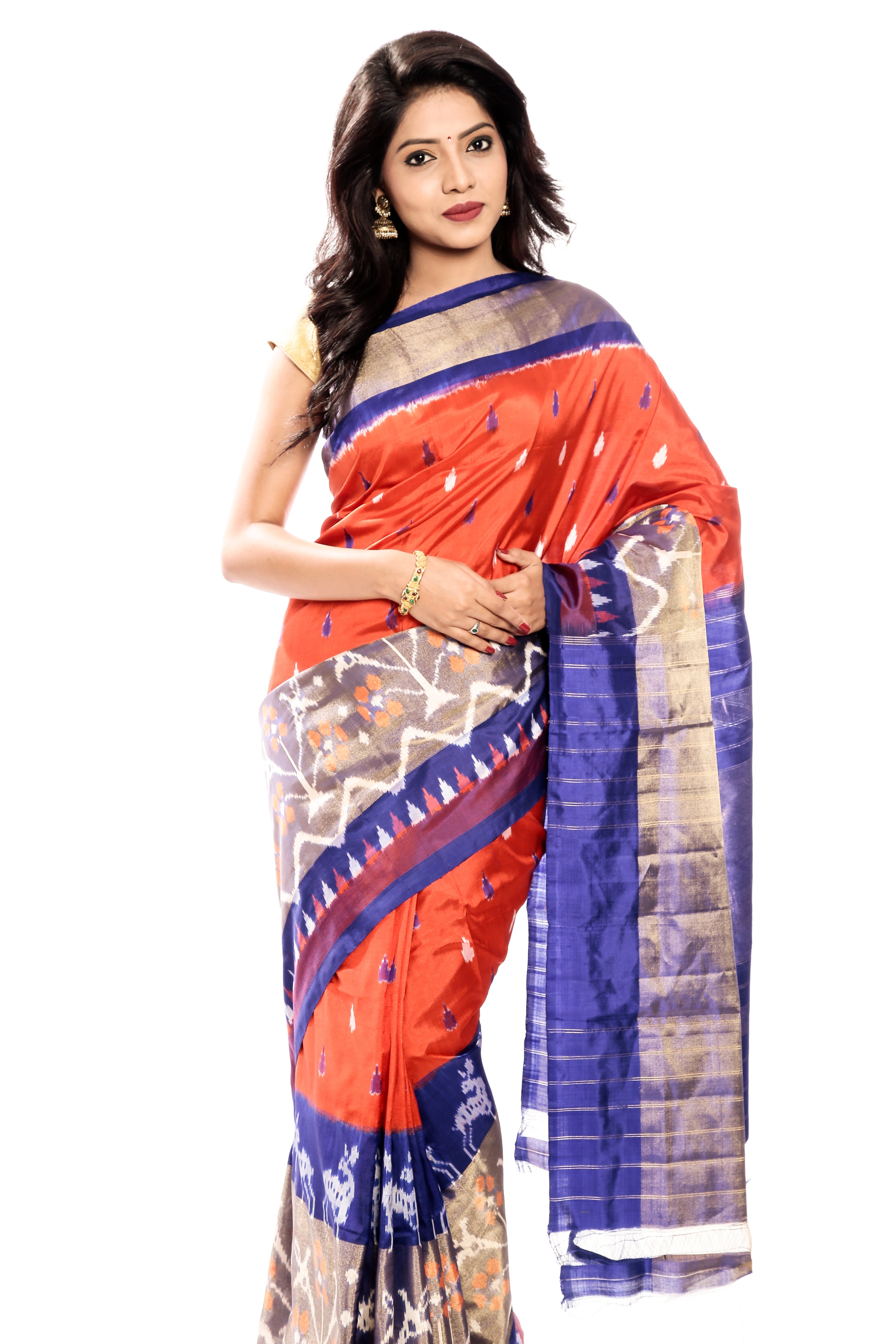 orange & blue ikkat silk saree