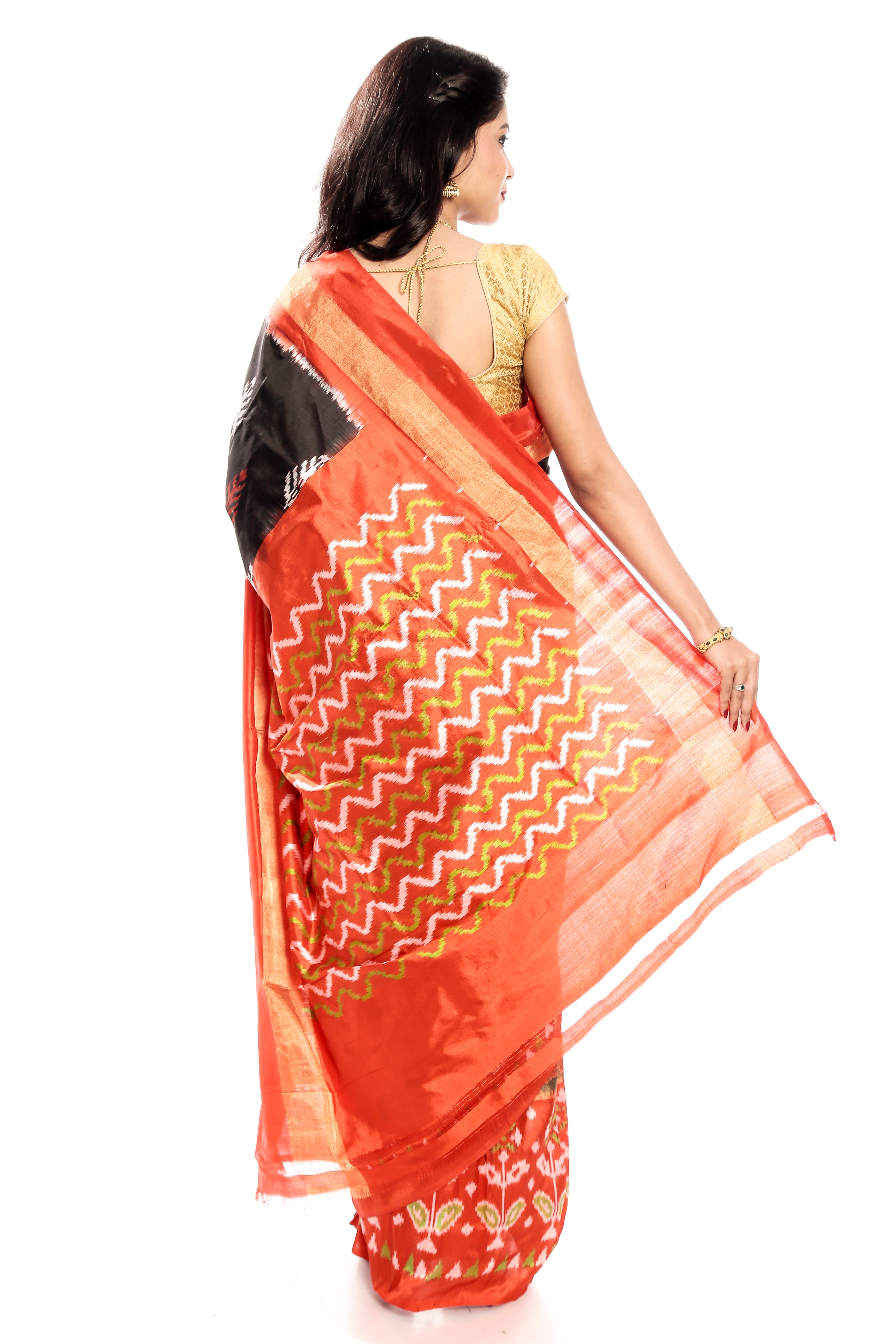 Black Pochampally Saree in orange border