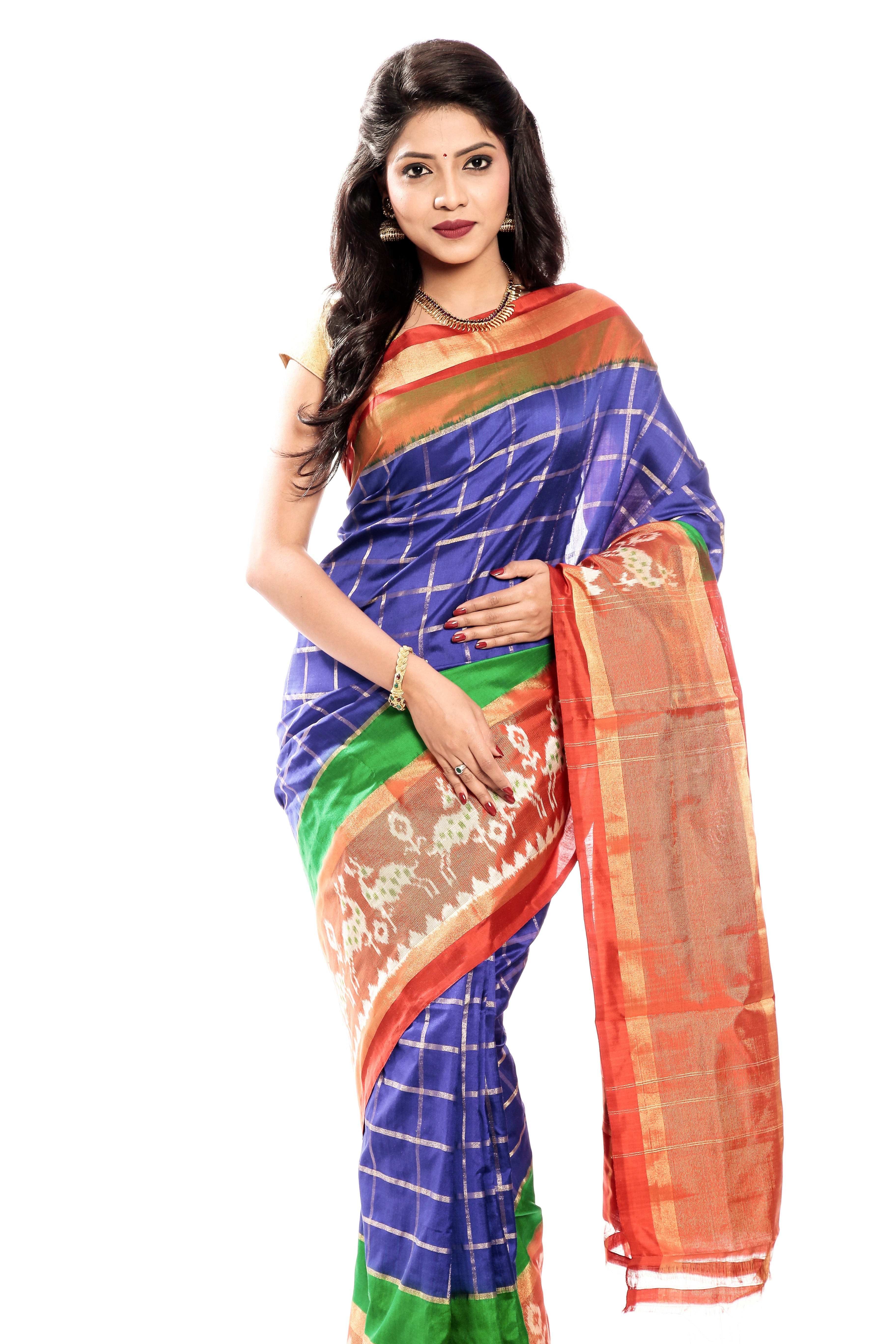 Blue & Orange Ikkat Silk Saree