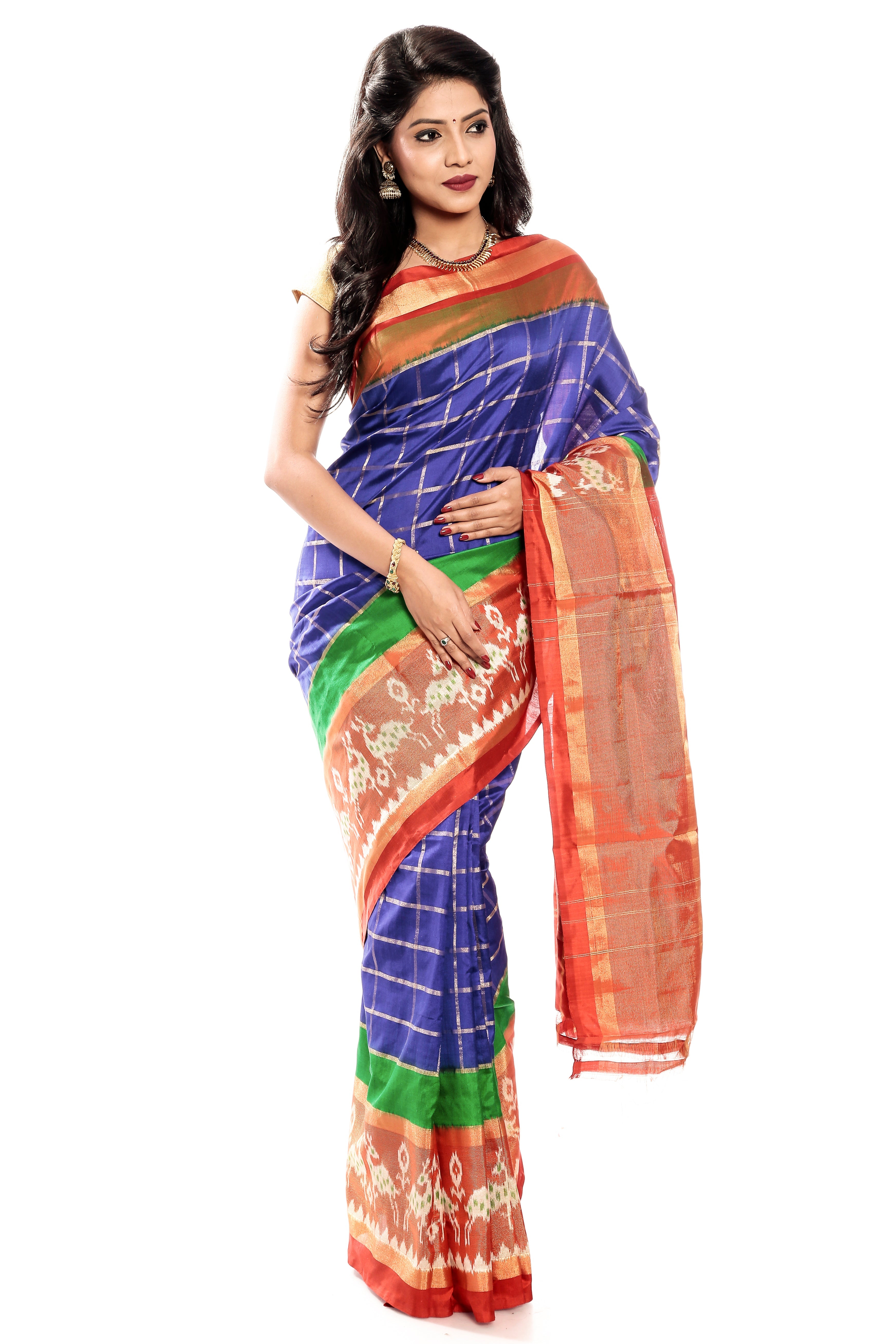 Blue & Orange Ikkat Silk Saree