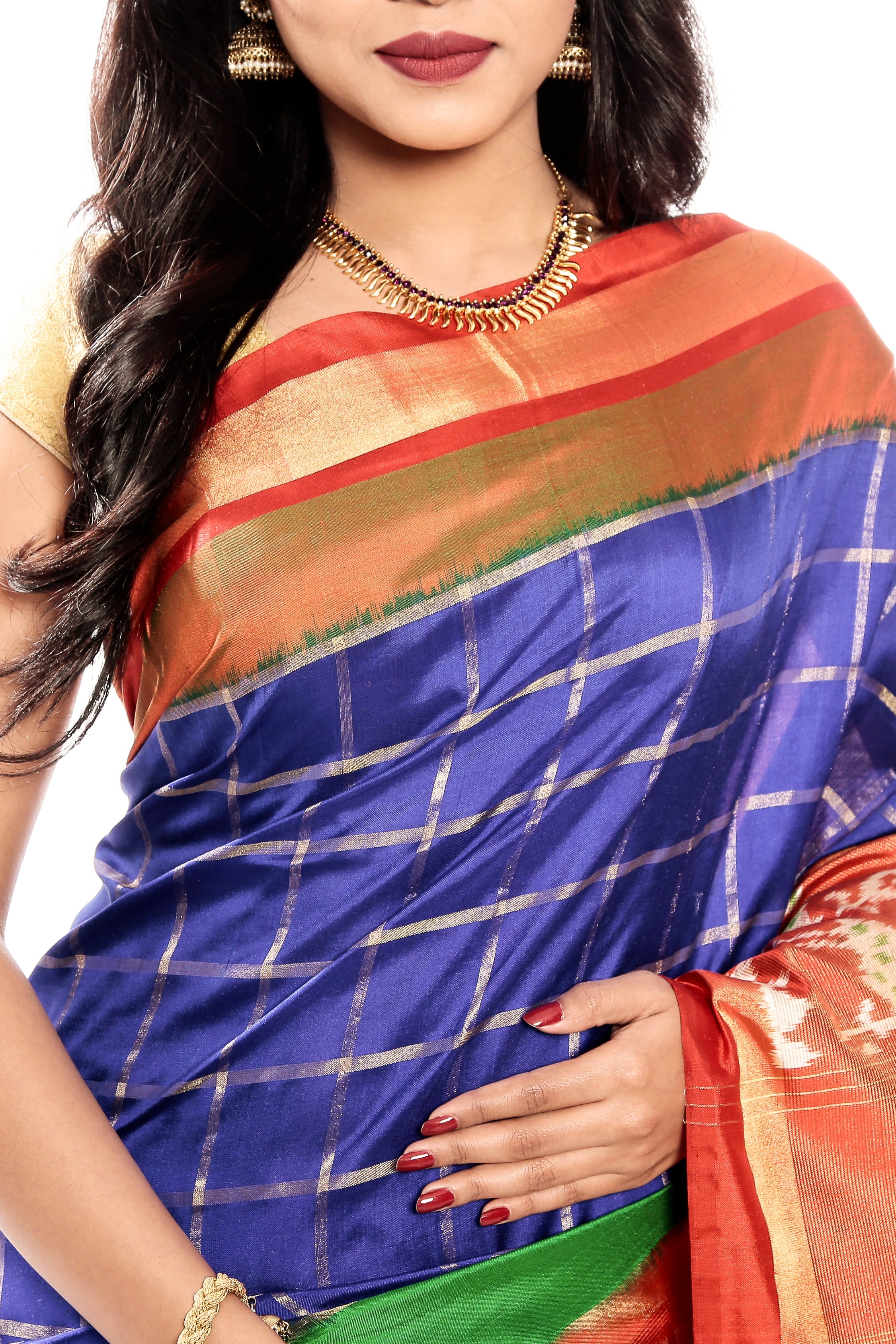 Blue & Orange Ikkat Silk Saree