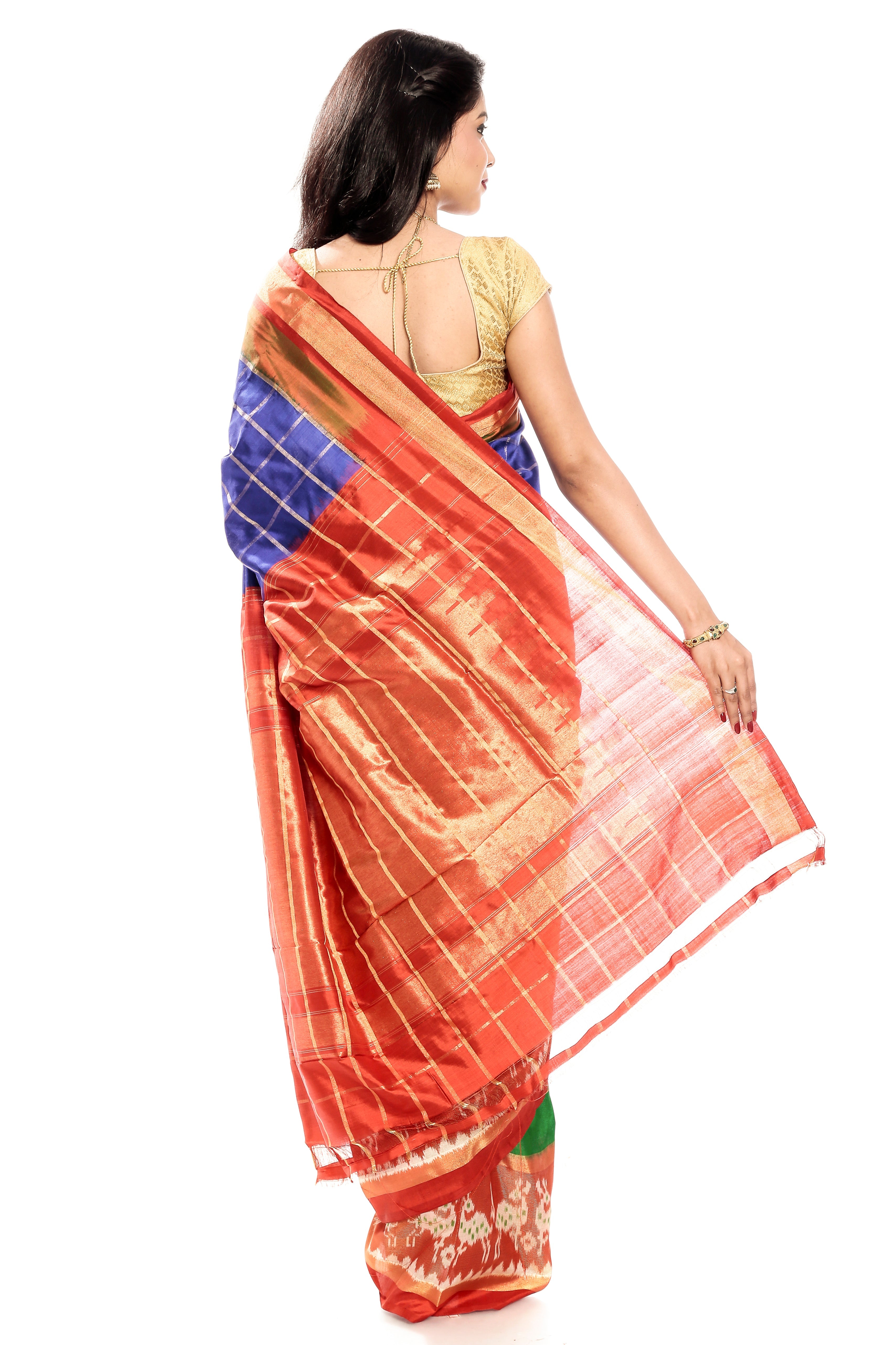 Blue & Orange Ikkat Silk Saree