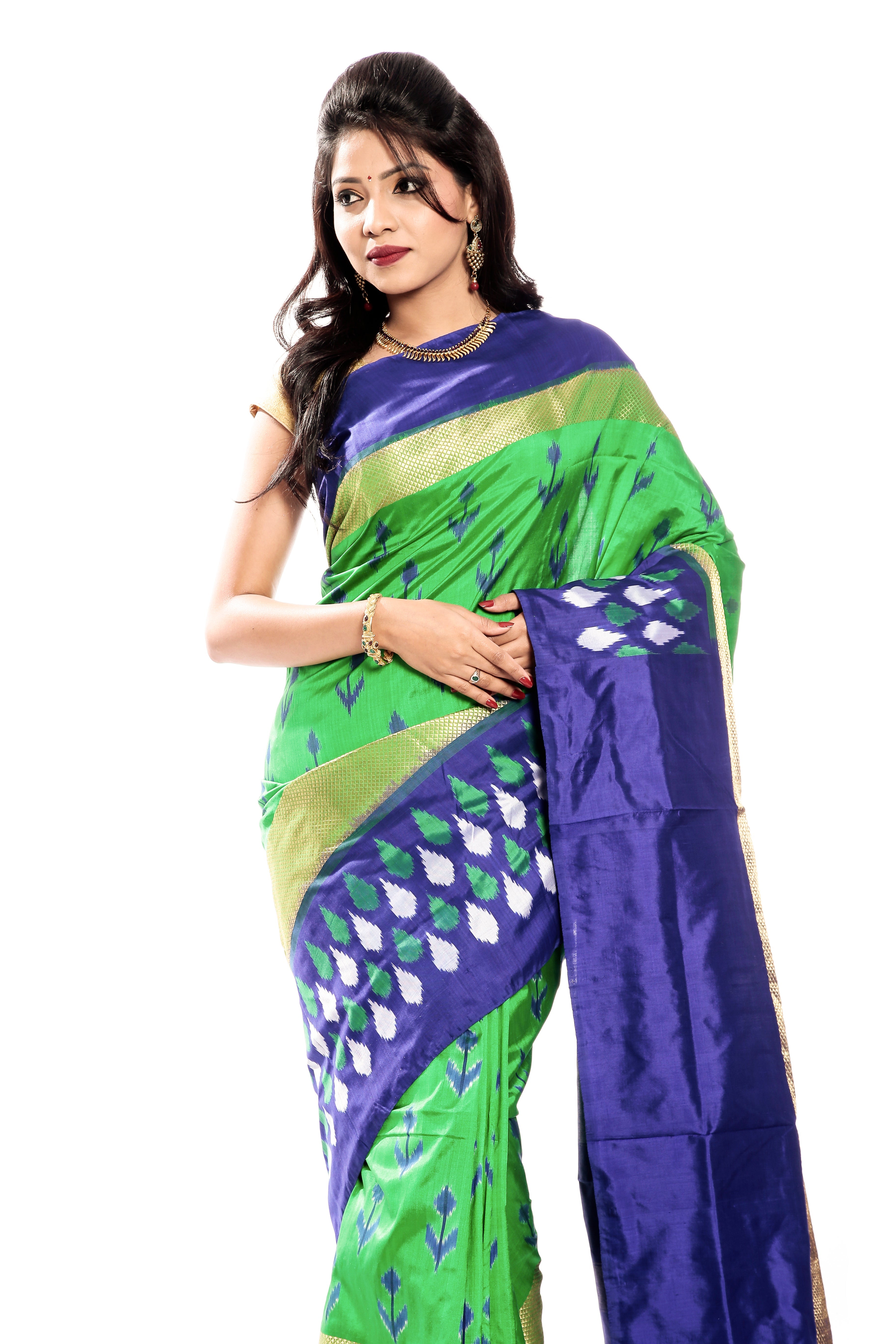 pochampally ikkat saree in Green &amp; Blue