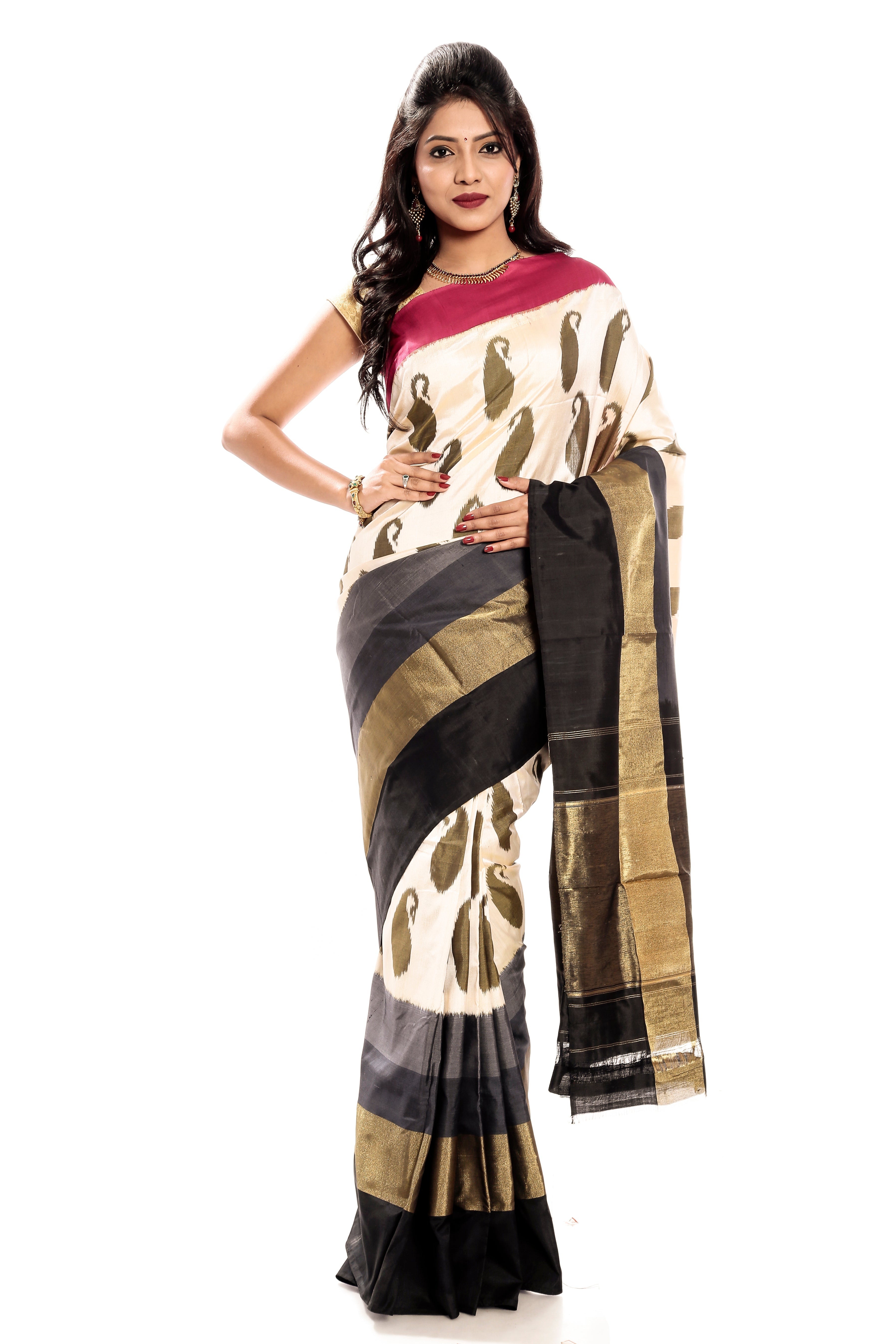 Off White Pochampally Ikkat Silk Saree with Pink & black border