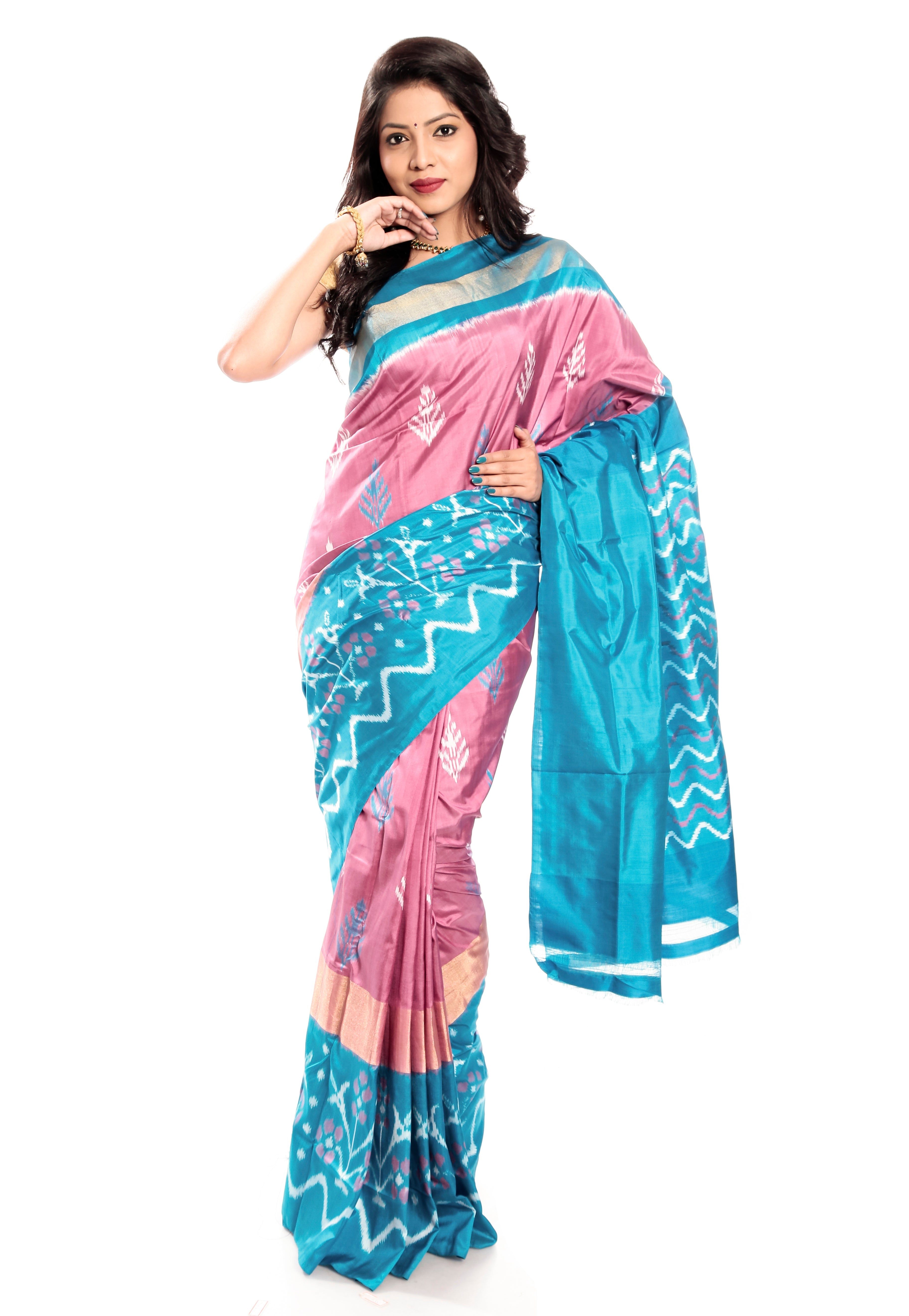 Pochampally Saree in Baby Pink & Sky Blue