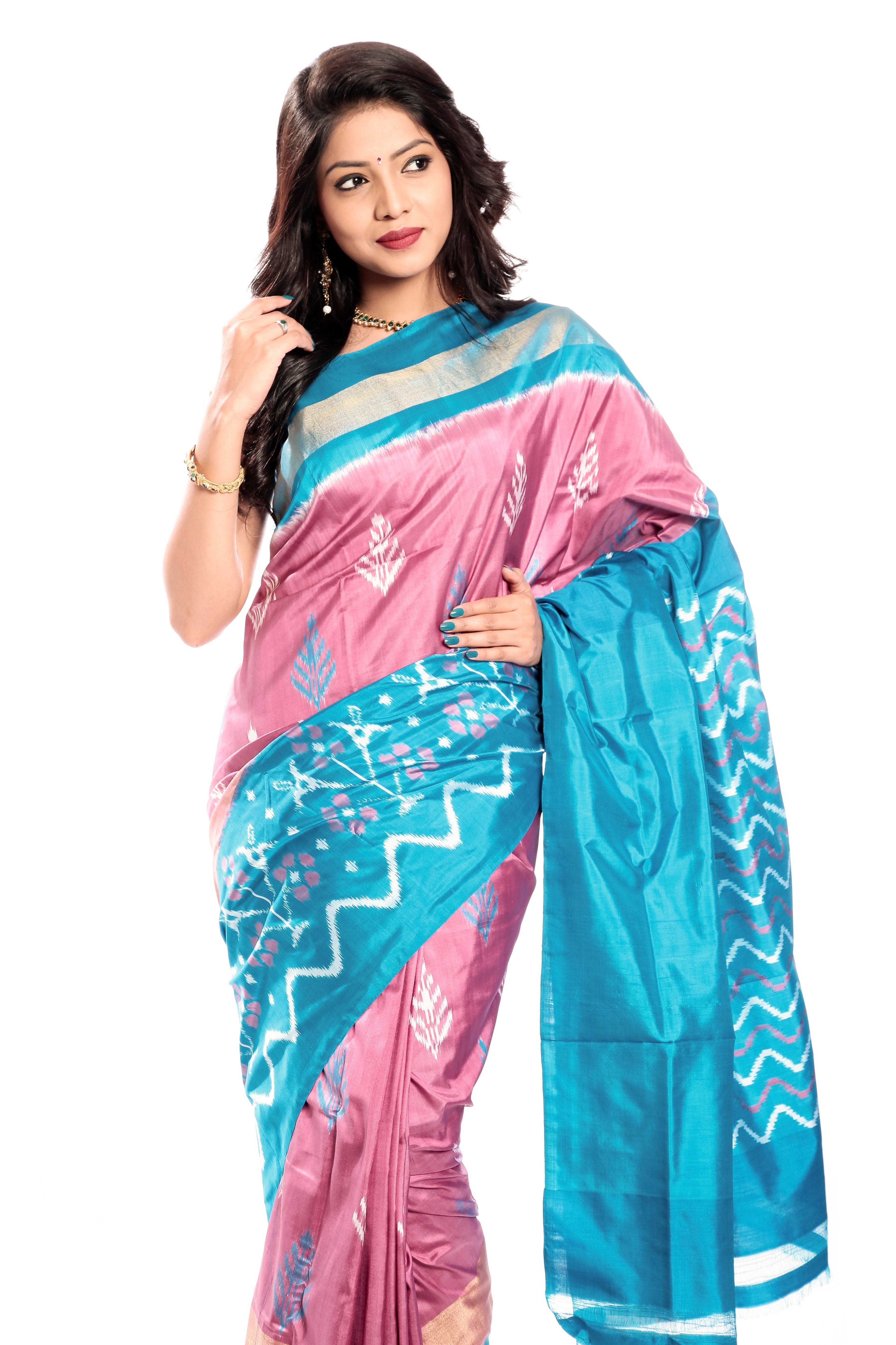 ikkat Saree in Baby Pink & Sky Blue