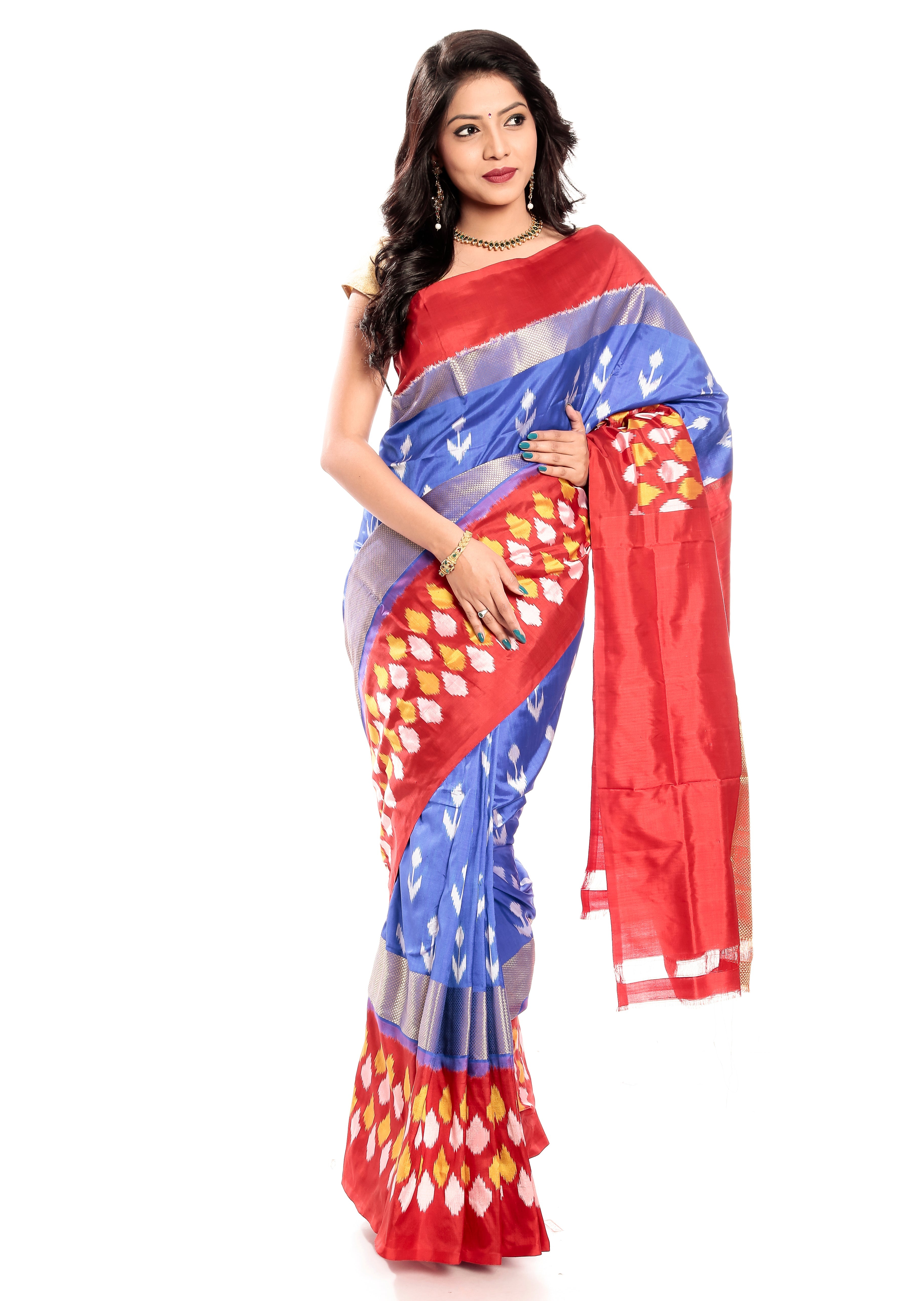 Ikkat Silk Saree in Blue-Reddish Orange