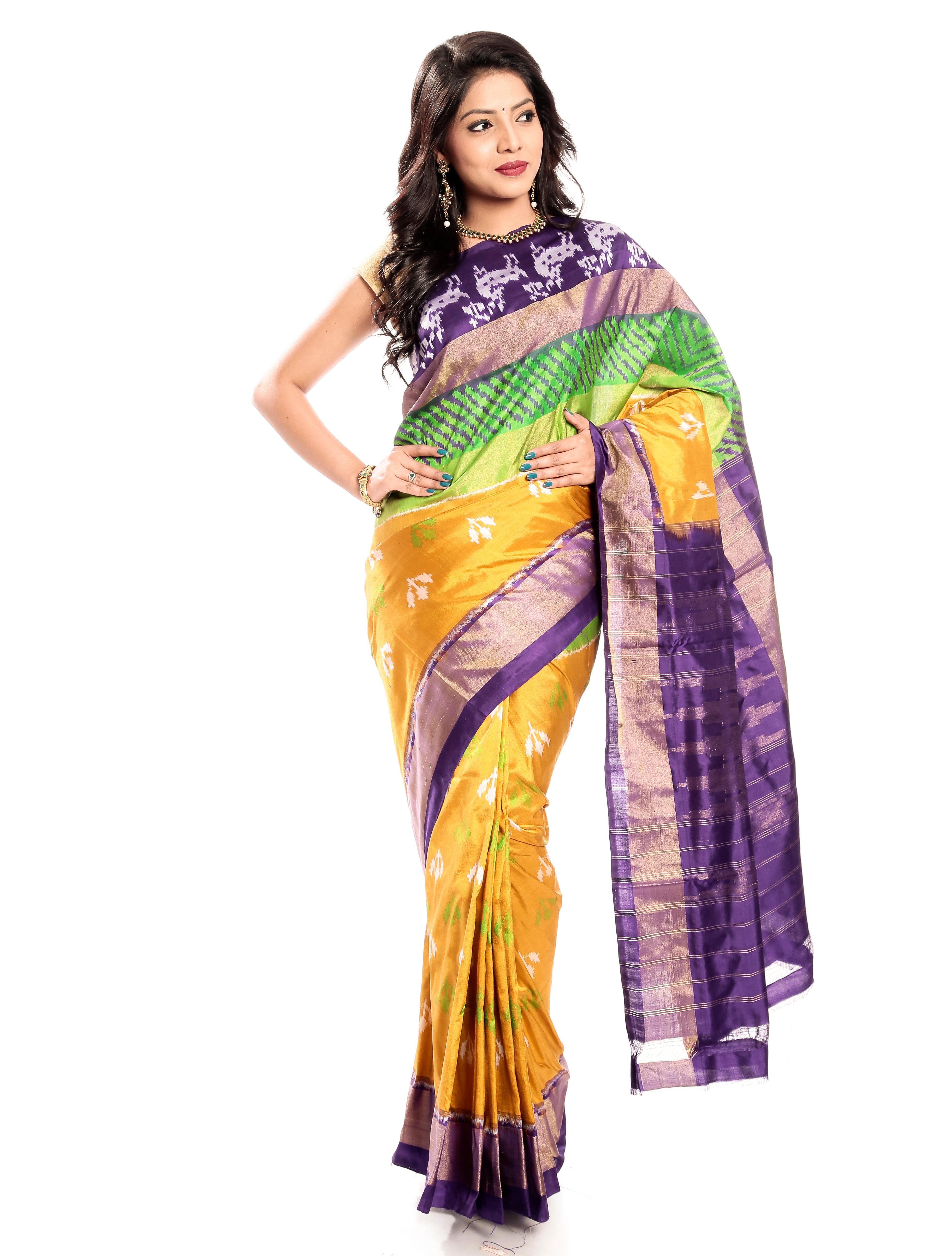 Pochampally Ikkat Silk Saree in Turmeric Yellow-Violet