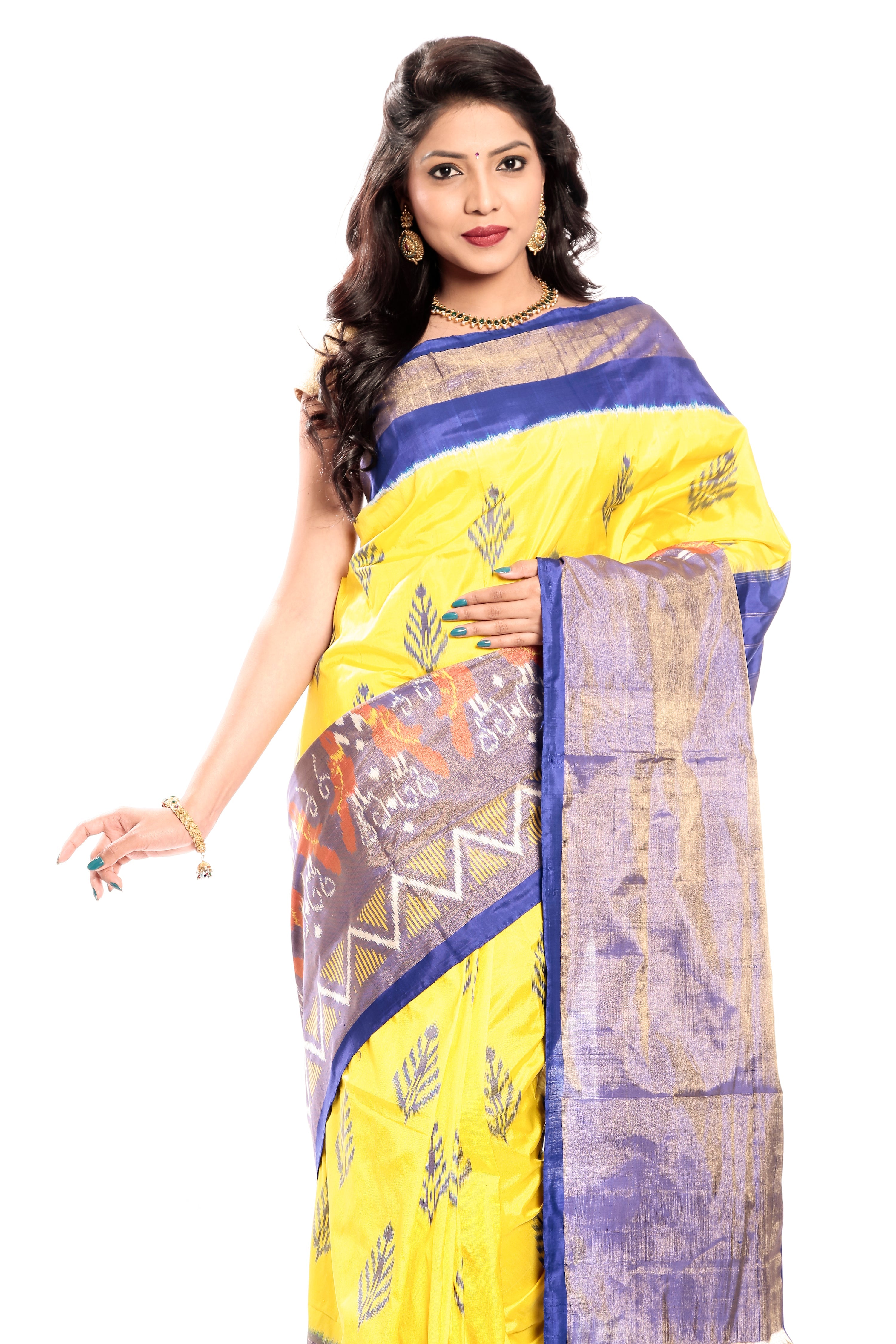 Yellow Pochampally Saree - Ikkat Silk Sarees with Blue Border